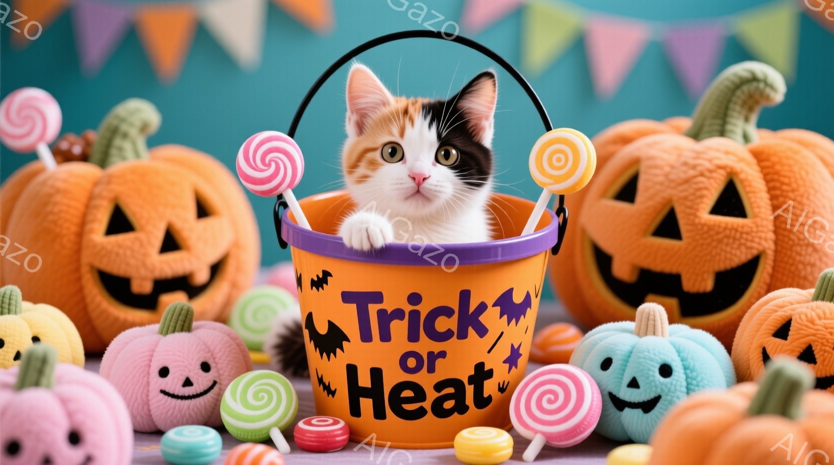 オレンジ色のハロウィーンのバケツの中に、三毛猫が顔を出しています。バケツには「Trick or Heat」と書かれており、周囲にはカラフルなキャンディーと、さまざまな表情をしたカボチャの置物が並んでいます。全体的に明るく可愛らしい雰囲気で、ハロウィーンの楽しいお祝いを表しています。