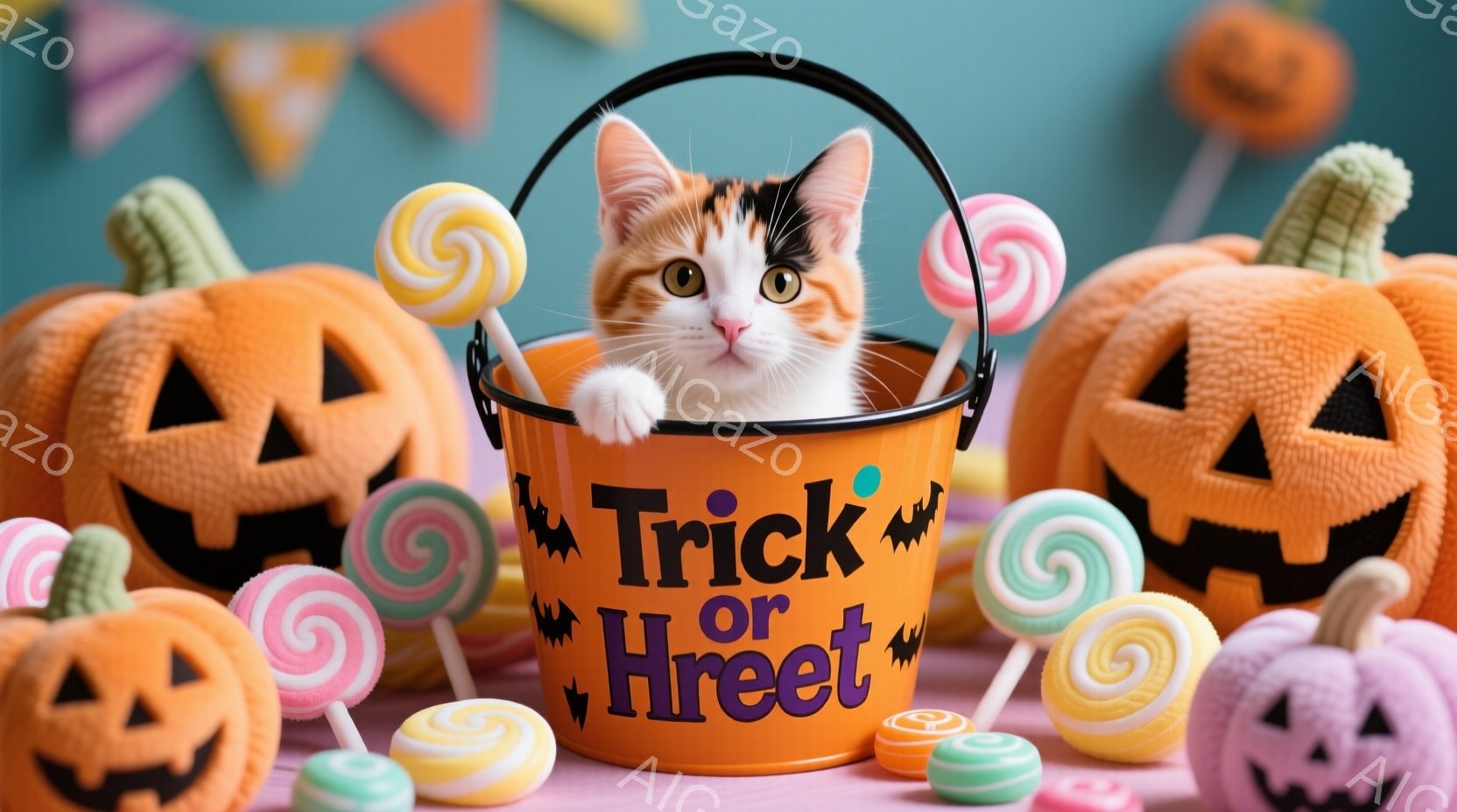 オレンジ色のハロウィーンのバケツの中に、白と茶色のキジトラ猫が顔を出しています。周囲には、さまざまな色をした渦巻きキャンディと、愛らしい表情のハロウィーンのジャック・オー・ランタンが散りばめられ、楽しい雰囲気を醸し出しています。背景は明るい水色で、お祝いの雰囲気を引き立てています。