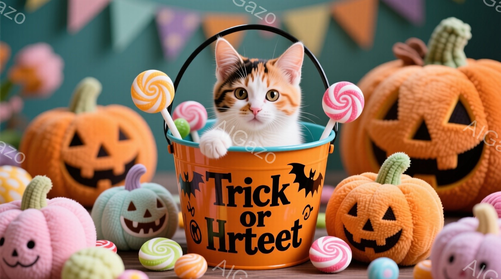 オレンジ色の「トリック・オア・トリート」と書かれたバケツの中に、小さな三毛猫がちょこんと座っています。猫は好奇心旺盛な表情で、バケツから片手を伸ばし、周囲のキャンディを見つめています。背景には、さまざまな色のカボチャのぬいぐるみやキャンディが散りばめられており、ハロウィンの楽しい雰囲気が漂っています。