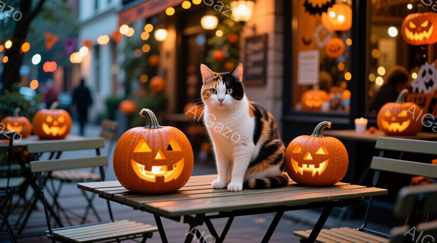 白とオレンジ色のまだら模様の猫が、ハロウィーンの装飾がされたカフェのテーブルに座っています。テーブルの上には、点灯したジャック・オー・ランタンが2つ置かれ、背景にはさらに多くのカボチャの装飾がカフェの - AI生成フリー素材