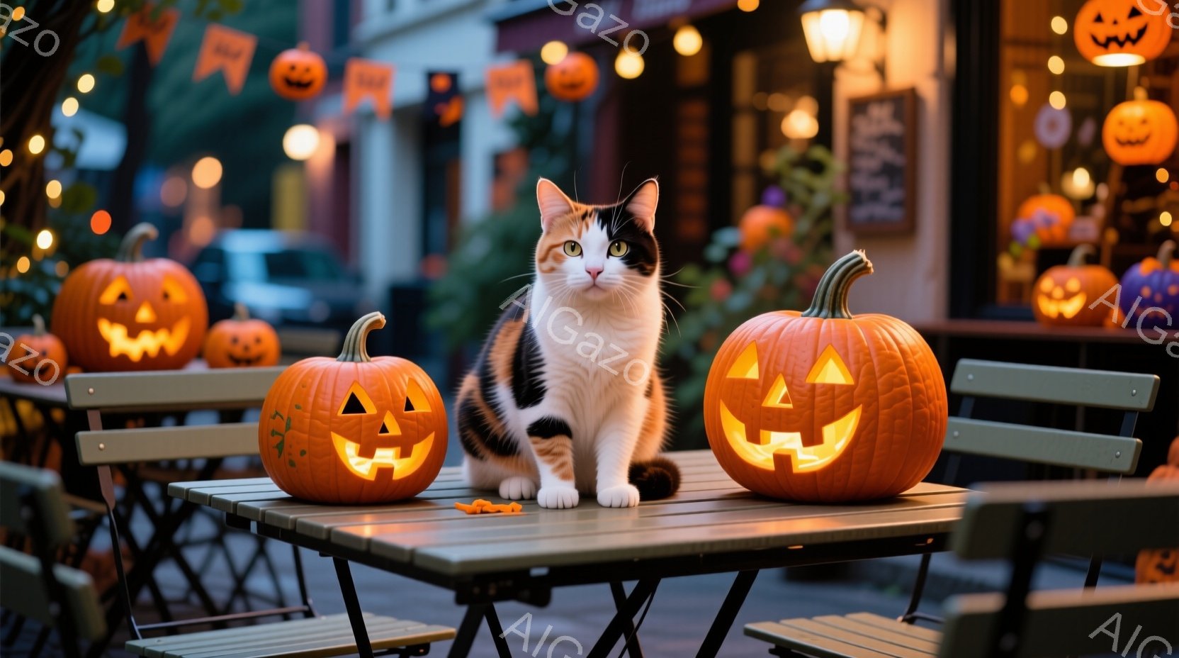 白と茶色のまだら模様の猫が、ハロウィーンの飾りが施された屋外のテーブルに座っています。周囲には、中を照らされたジャック・オ・ランタンがいくつか並べられており、背景にはぼやけた建物と、ハロウィーンの装飾 - AI生成フリー素材