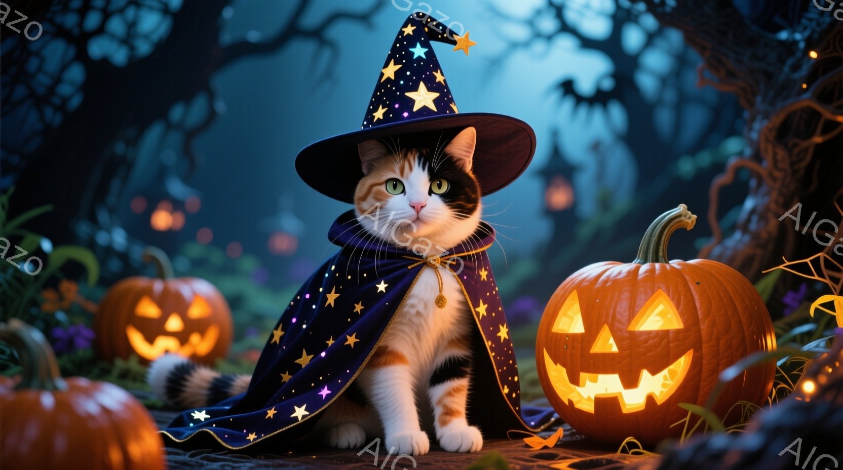 白、オレンジ、黒の毛並みを持つ猫が、星柄の黒いマントと先が尖った帽子を身に着けて座っています。猫は正面を見据え、少し自信に満ちた表情を浮かべており、周囲にはジャック・オー・ランタンが配置されています。 - AI生成フリー素材