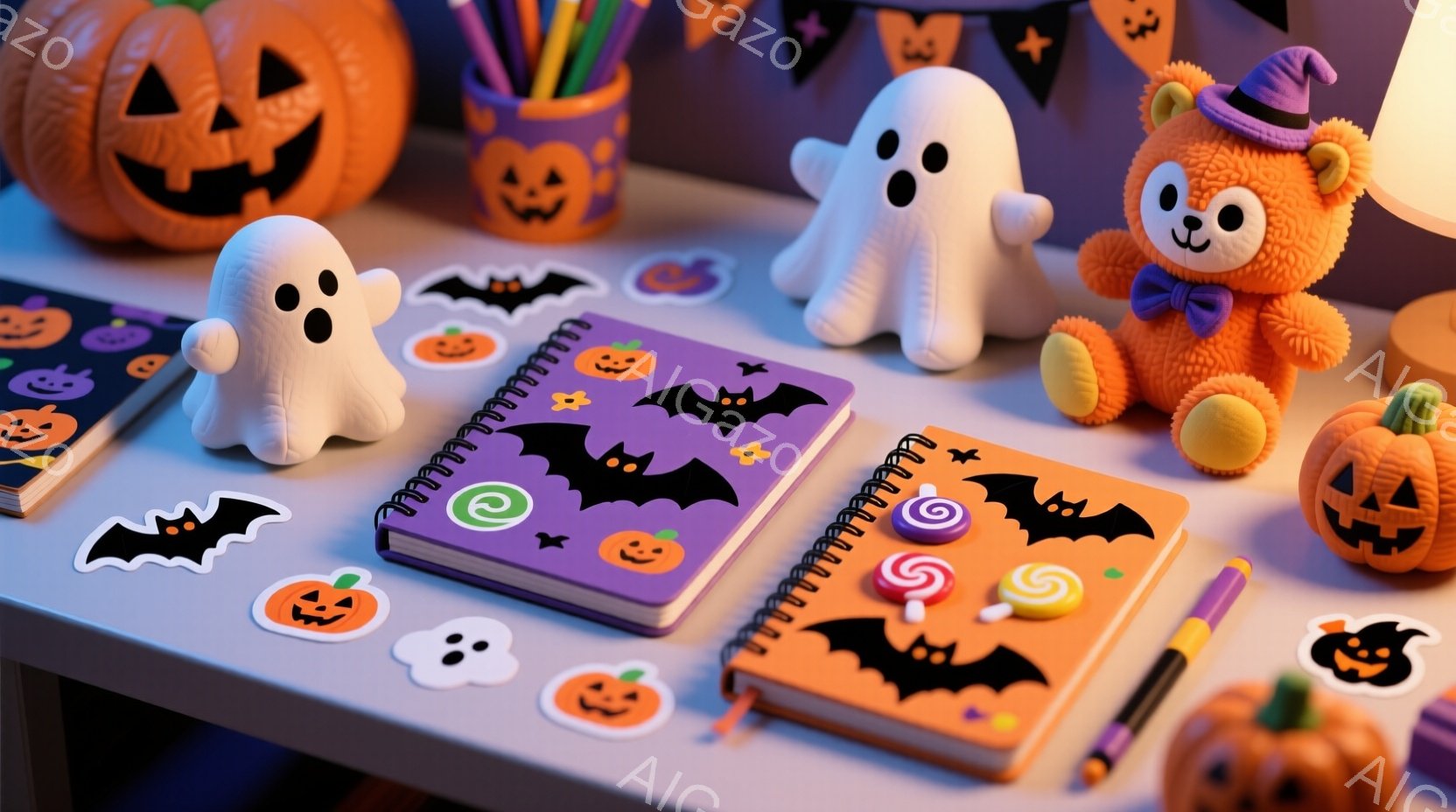 オレンジ色の背景に、ハロウィーンの装飾が散りばめられた写真です。ノート、カボチャ、お化け、コウモリのステッカーが配置され、キャンディーや鉛筆も含まれています。全体的に、明るく、お祭り気分を盛り上げるハ - AI生成フリー素材