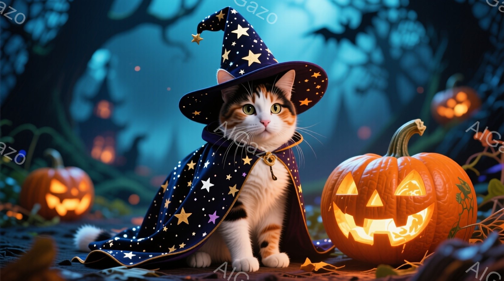 白と茶色の模様の猫が、星が散りばめられた黒い魔法使いの衣装と帽子を身につけて座っている。その猫は正面を見つめており、表情は穏やかで可愛らしい。背景には、光るジャック・オー・ランタンと、暗い森のシルエッ - AI生成フリー素材