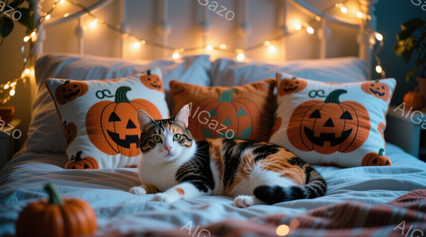 白とオレンジ色の模様の猫が、ハロウィーンをテーマにしたカボチャ柄の枕に囲まれたベッドの上で横たわっています。猫はリラックスした表情で、穏やかな視線をカメラに向けています。背景には、オレンジ色の光が灯っ - AI生成フリー素材