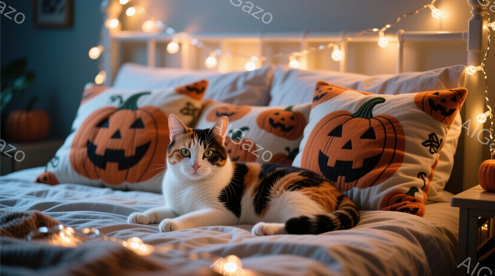 白地にオレンジと黒の模様が入ったハロウィーン柄の枕が並んだベッドの上で、三毛猫がリラックスして横たわっています。猫はまっすぐカメラを見つめ、落ち着いた表情をしています。背景には、ナイトスタンドと小さな - AI生成フリー素材