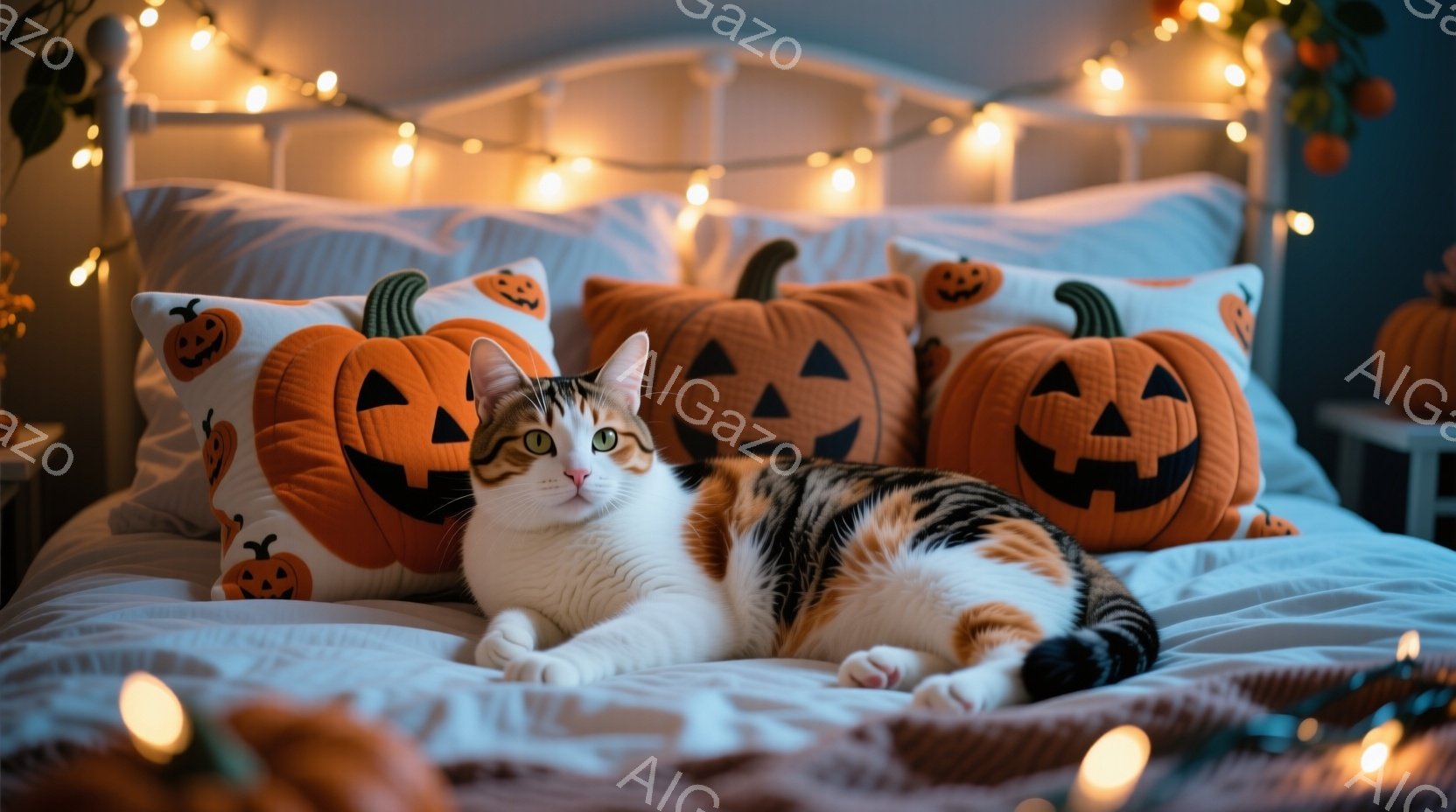白と茶色のまだら模様の猫がベッドの上でリラックスして横たわっており、大きなジャック・オー・ランタンの模様が描かれたクッションに囲まれています。ベッドはクリーム色のシーツで覆われ、背景にはハロウィーンの - AI生成フリー素材
