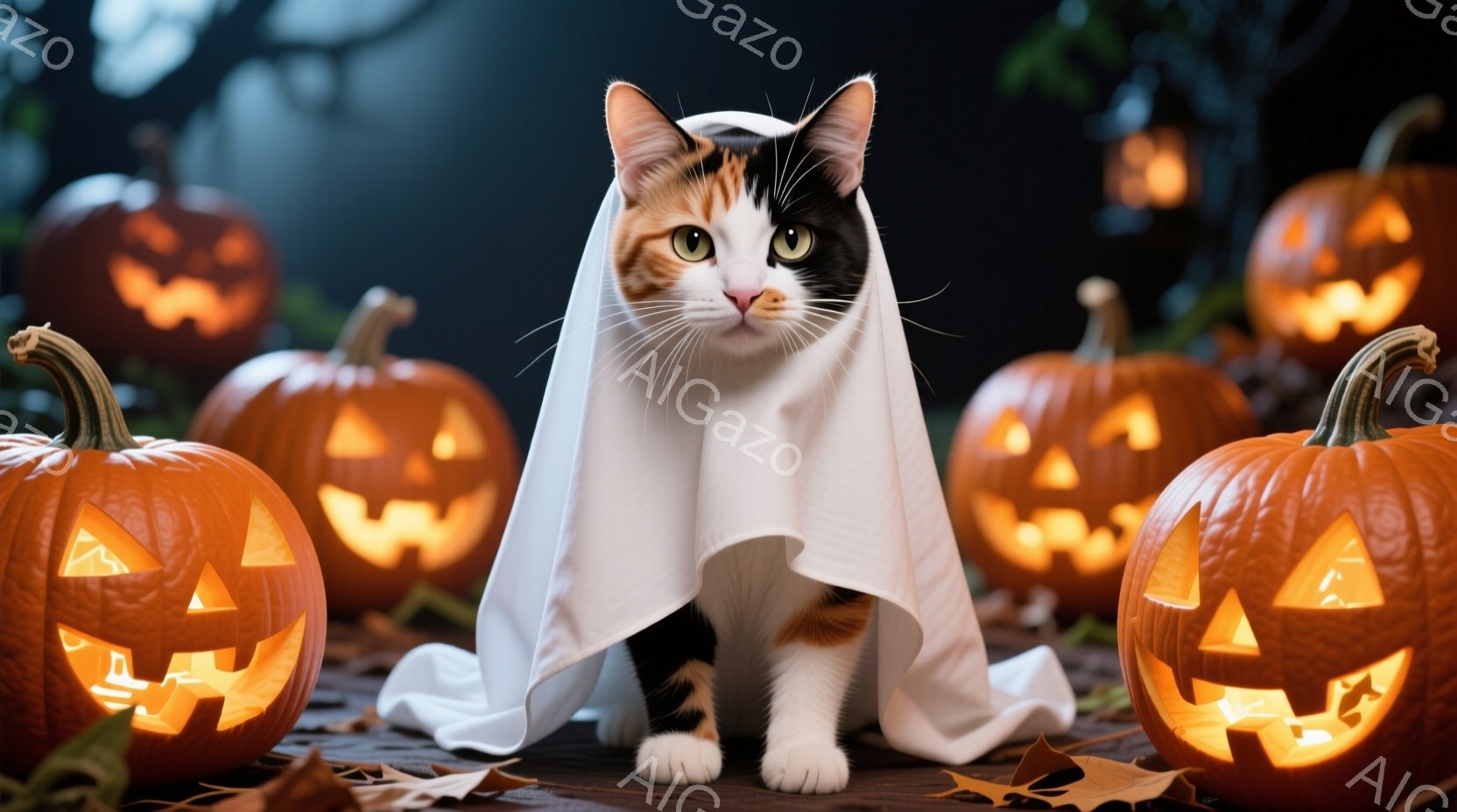 白と茶色の猫がハロウィーンの仮装をして、白い布を頭から羽織っている。周囲にはジャック・オ・ランタンが置かれ、落ち葉が散らばる地面に座って、少し驚いたような表情をしている。暗い背景と光るカボチャの光が、 - AI生成フリー素材