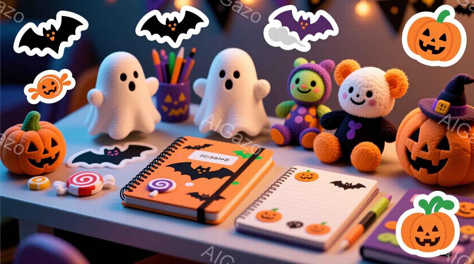 ハロウィーンをテーマにした可愛らしい画像です。幽霊、ミツバチ、カボチャの着ぐるみを着たぬいぐるみたちが、ノートやキャンディー、小さなカボチャの周りに集まっています。背景には、空に舞うコウモリや、様々な - AI生成フリー素材