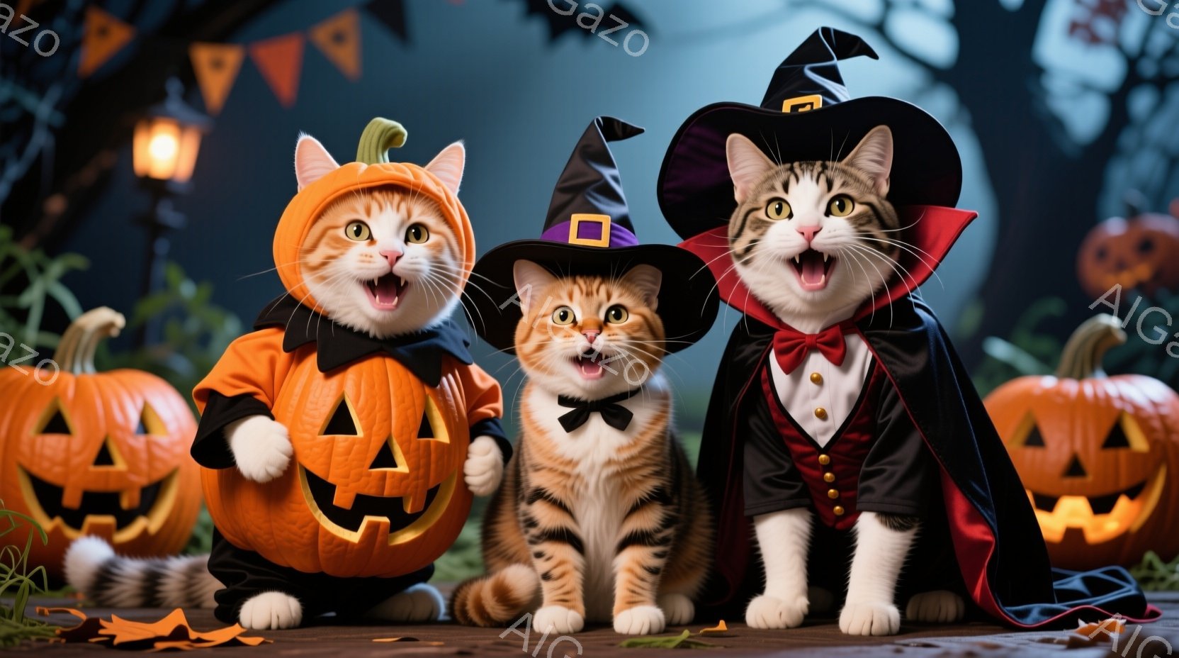 ハロウィーンの飾り付けがされた背景の前で、3匹の猫がコスチュームを着て座っています。左の猫はジャック・オー・ランタンのコスチューム、中央の猫は黒い帽子と蝶ネクタイ、右の猫はドラキュラのコスチュームを着ており、それぞれ口を開けて楽しそうにしています。背景には、カボチャのランタン、木々、そして暗い空が広がり、お祝いと少し不気味な雰囲気を作り出しています。