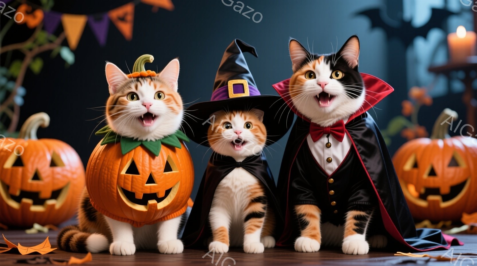 ハロウィーンをテーマにした猫たちが、彫刻されたカボチャに囲まれて座っています。中央の猫は魔女の帽子をかぶり、両側の猫はそれぞれカボチャの衣装とドラキュラの衣装を着ています。背景にはハロウィーンの装飾が施され、全体的に明るく楽しいお祝いの雰囲気です。