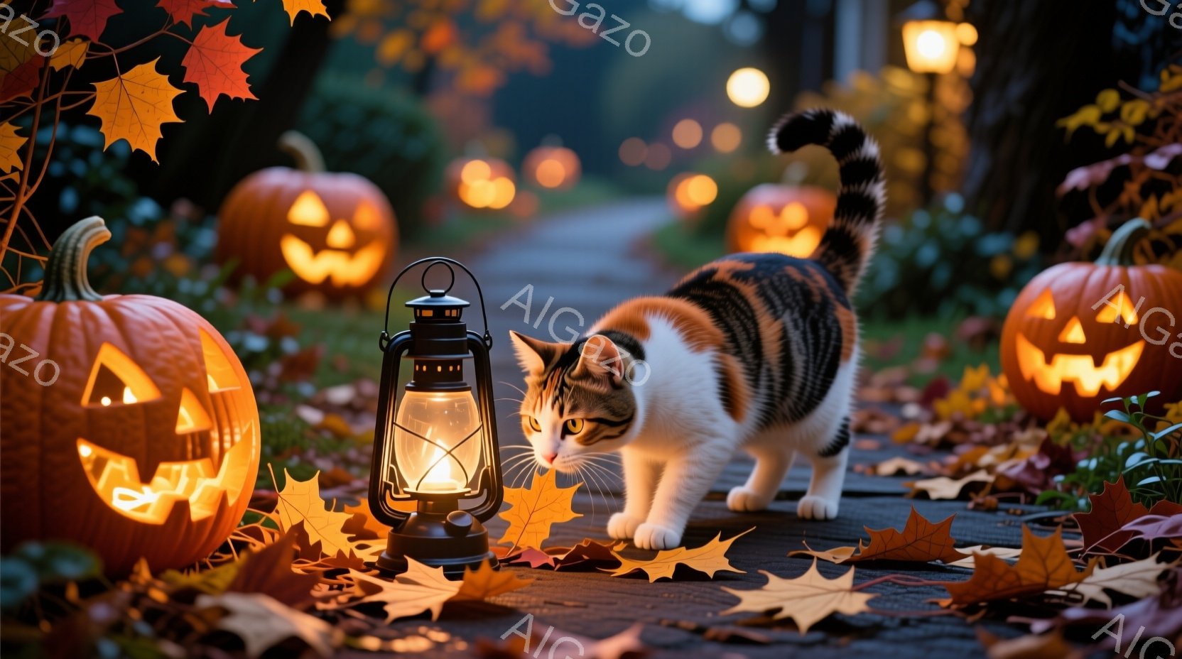 切り株の上に置かれた提灯の周りを、オレンジと白の縞模様の猫が慎重に歩いている。背景には、微笑む顔が彫られたハロウィーンのジャック・オー・ランタンが並び、地面は落ち葉で覆われている。全体的に暖かく、幻想 - AI生成フリー素材