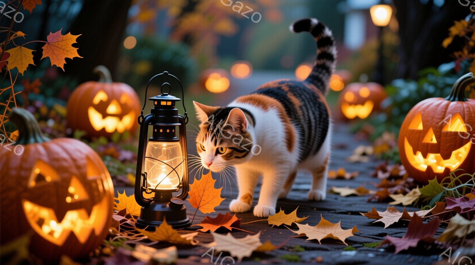 縞模様の猫が、ハロウィーンのランタンとジャックオーランタンが並ぶ小道の中央を歩いている。背景にはぼやけた光のぼんやりとした輪郭と、散りばめられた紅葉が広がり、暖かく幻想的な雰囲気を作り出している。猫は - AI生成フリー素材