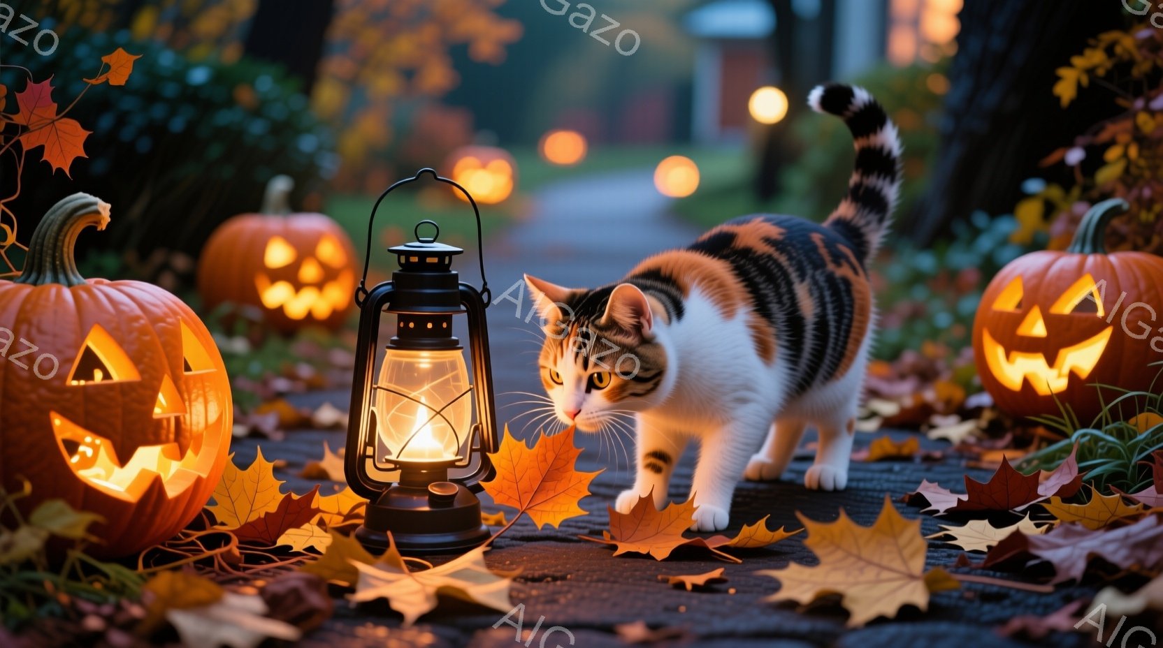 舗装された道にカボチャのランタンと落ち葉が散らばり、白い、黒、オレンジ色の毛並みをした猫が、前足を慎重に踏み出しながら歩いている。背景にはぼやけた街灯と木々が見え、ハロウィーンの夜らしい暖かく幻想的な - AI生成フリー素材