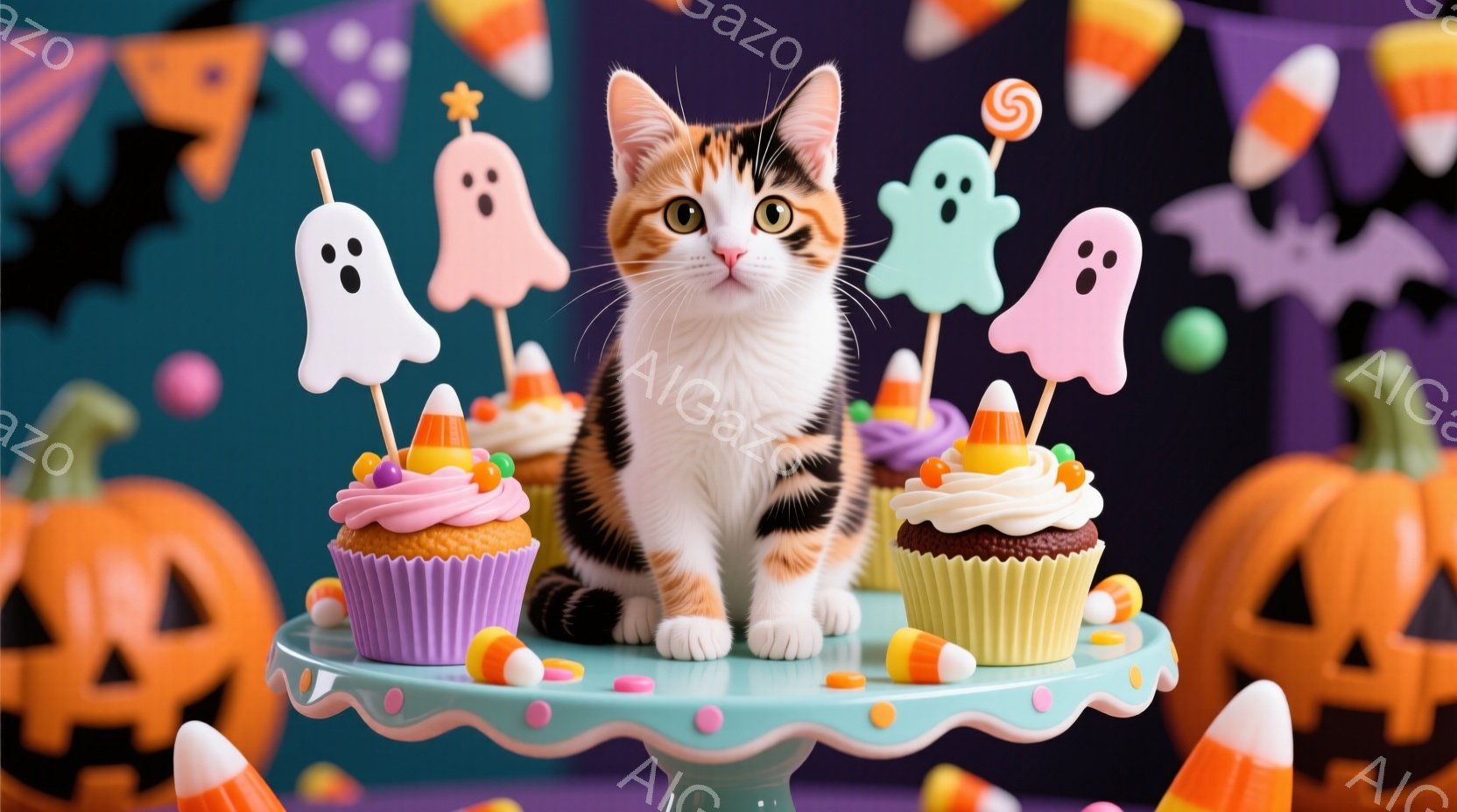 オレンジと白の縞模様の猫が、ハロウィーンの装飾が施されたケーキスタンドの上に座っています。ケーキはピンクと茶色のアイシングで飾られ、キャンディコーンや小さな幽霊の飾りが付いています。背景には紫色の背景 - AI生成フリー素材