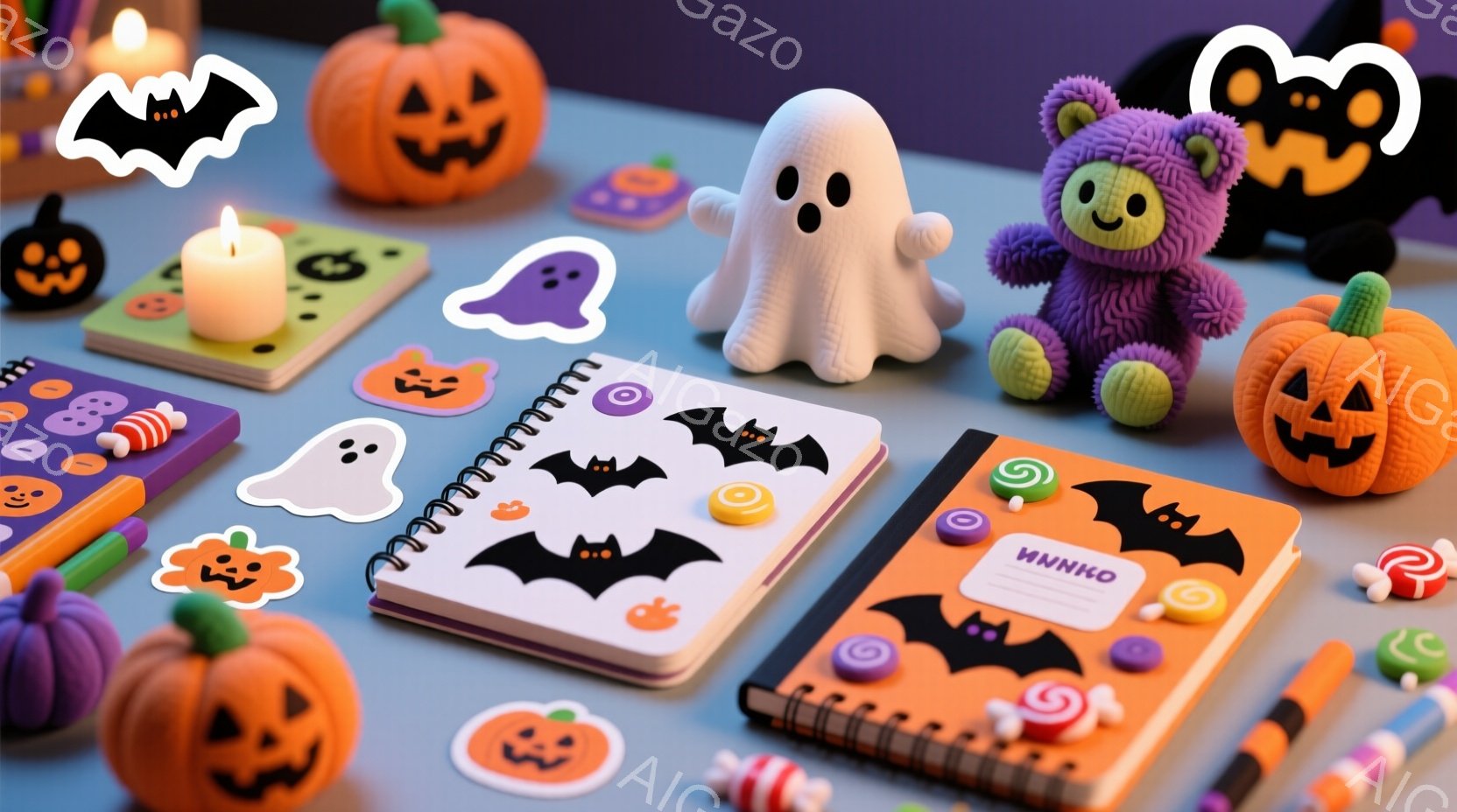 明るい水色の背景に、ハロウィーンをテーマにした様々な小物が散りばめられています。オレンジ色のカボチャのランタン、紫色のゴースト、黒いコウモリのステッカー、カラフルなキャンディー、そしてノートが配置されており、可愛らしいハロウィーンの雰囲気を醸し出しています。全体的に柔らかい光が差し込み、温かく楽しい気分にさせてくれます。