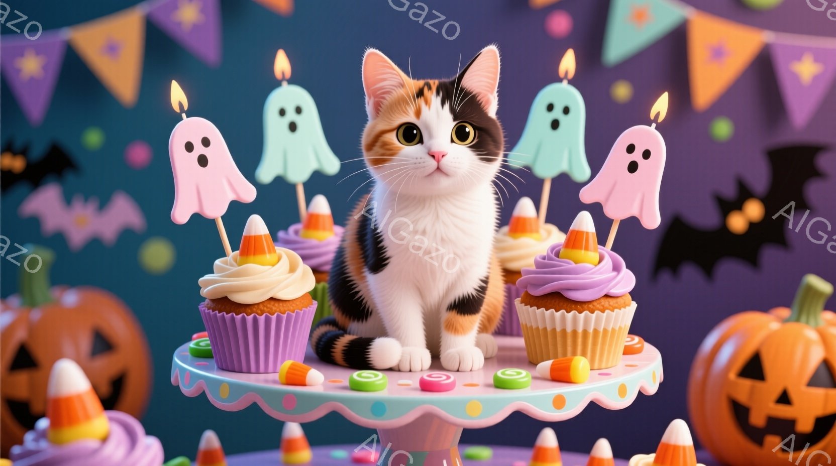 白、茶色、黒の毛並みを持つ子猫が、紫色のフロスティングとキャンディコーンが飾られたカップケーキが並んだケーキスタンドに座っています。背景にはハロウィーンの飾り付け、カボチャのランタン、お化けの形をした - AI生成フリー素材