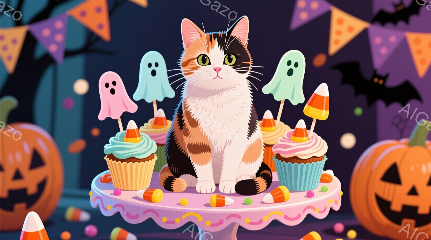 茶色と白の三毛猫が、ハロウィーンをテーマにしたケーキスタンドの上に座っています。ケーキスタンドには、カラフルなアイシングとキャンディコーンをトッピングしたカップケーキが飾られ、周囲にはお化けの飾りとジ - AI生成フリー素材
