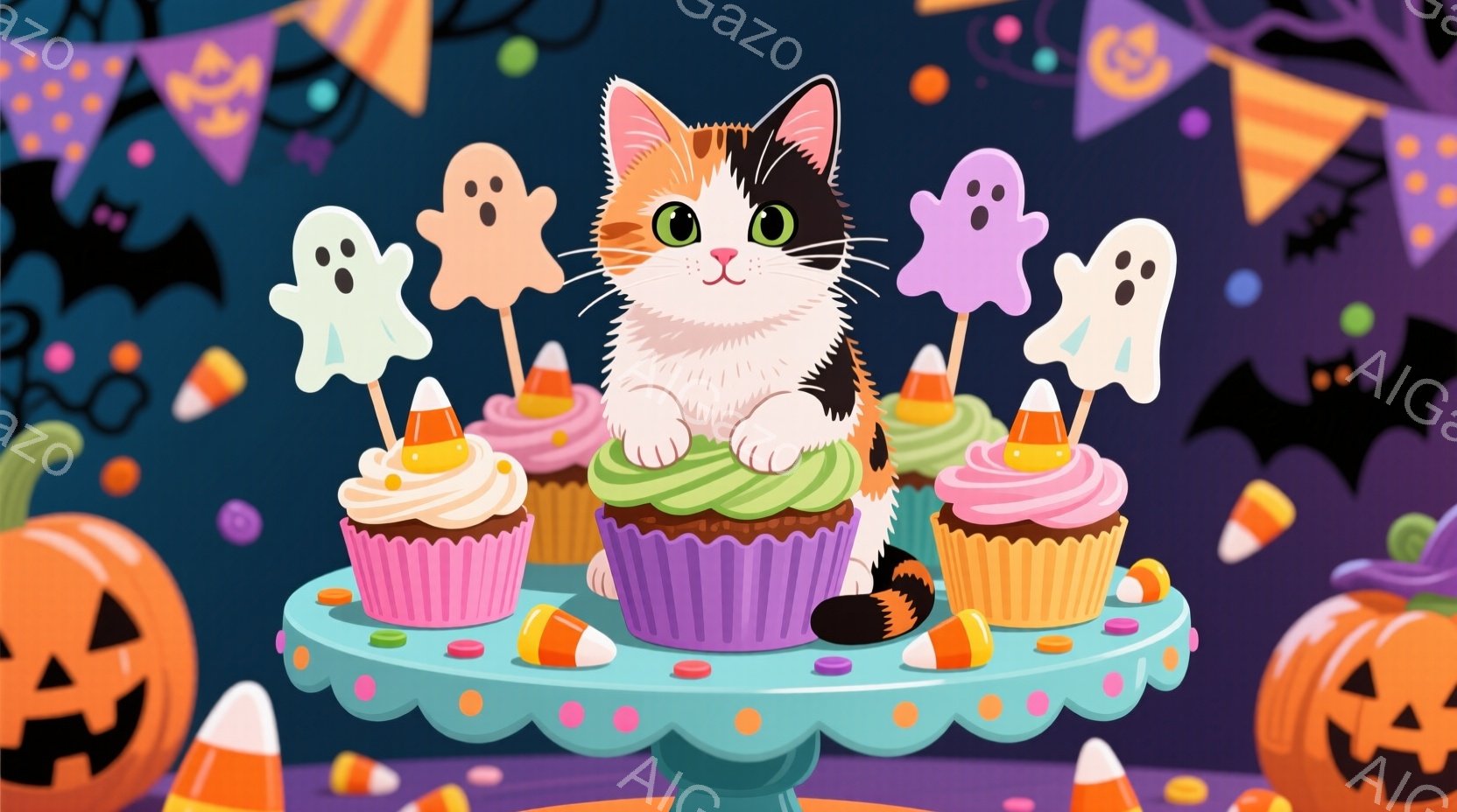 明るい紫色のケーキスタンドの上に、カラフルなカップケーキとキャンディコーンが並んでいます。三毛猫がカップケーキの上に座り、緑色の瞳でこちらを見て、少しいたずらっぽい表情をしています。背景はハロウィーン - AI生成フリー素材
