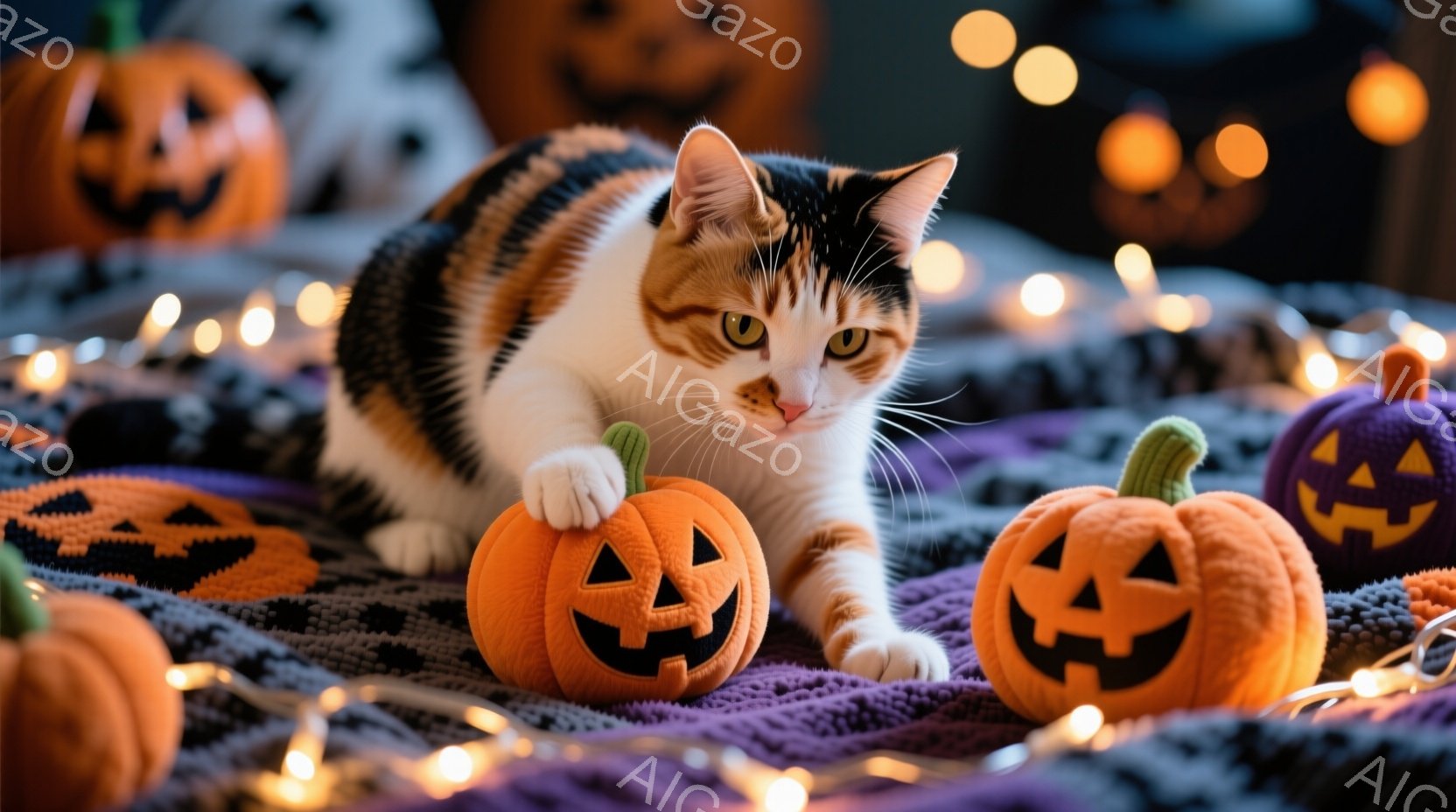 白と黒のまだら模様の猫が、ハロウィーンのミニチュアカボチャの間に身を寄せ、前足を伸ばして一つに触れようとしています。背景には、紫色の編み物の背景と、ちらつくオレンジ色の光のイルミネーションがあり、お祭 - AI生成フリー素材
