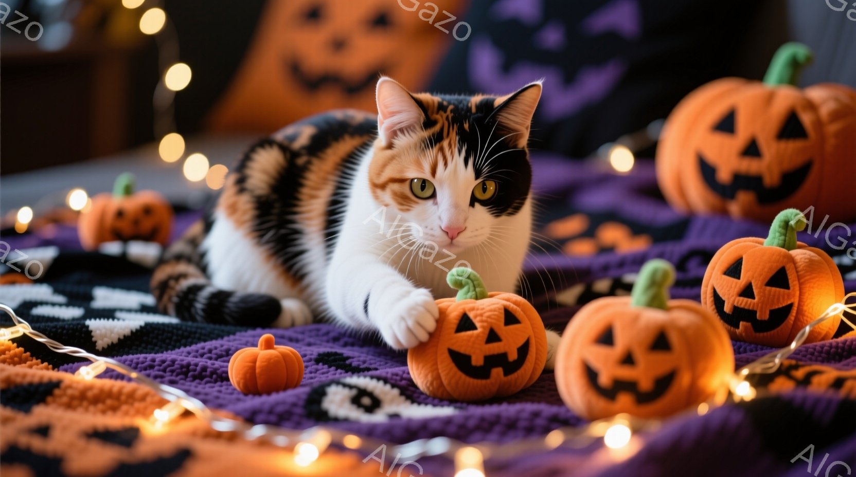 白、黒、オレンジ色のまだら模様の猫が、紫色のニットのブランケットの上に横たわっています。猫は前足を伸ばし、小さなオレンジ色のハロウィーンのジャック・オ・ランタンの装飾品に触れようとしており、背景には他 - AI生成フリー素材