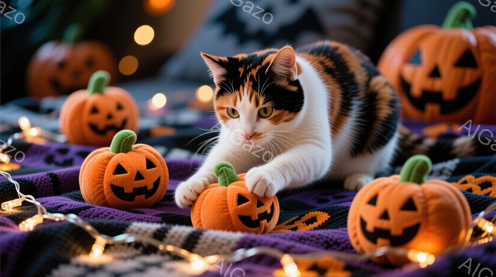 白と茶色のまだら模様の猫が、ハロウィーンの小さなカボチャの飾りの中に体を隠している様子が描かれています。紫色の背景とオレンジ色の光が猫を照らし、遊び心のある雰囲気を醸し出しています。カボチャの可愛らしい笑顔が、暖かく楽しいハロウィーンの雰囲気を高めています。