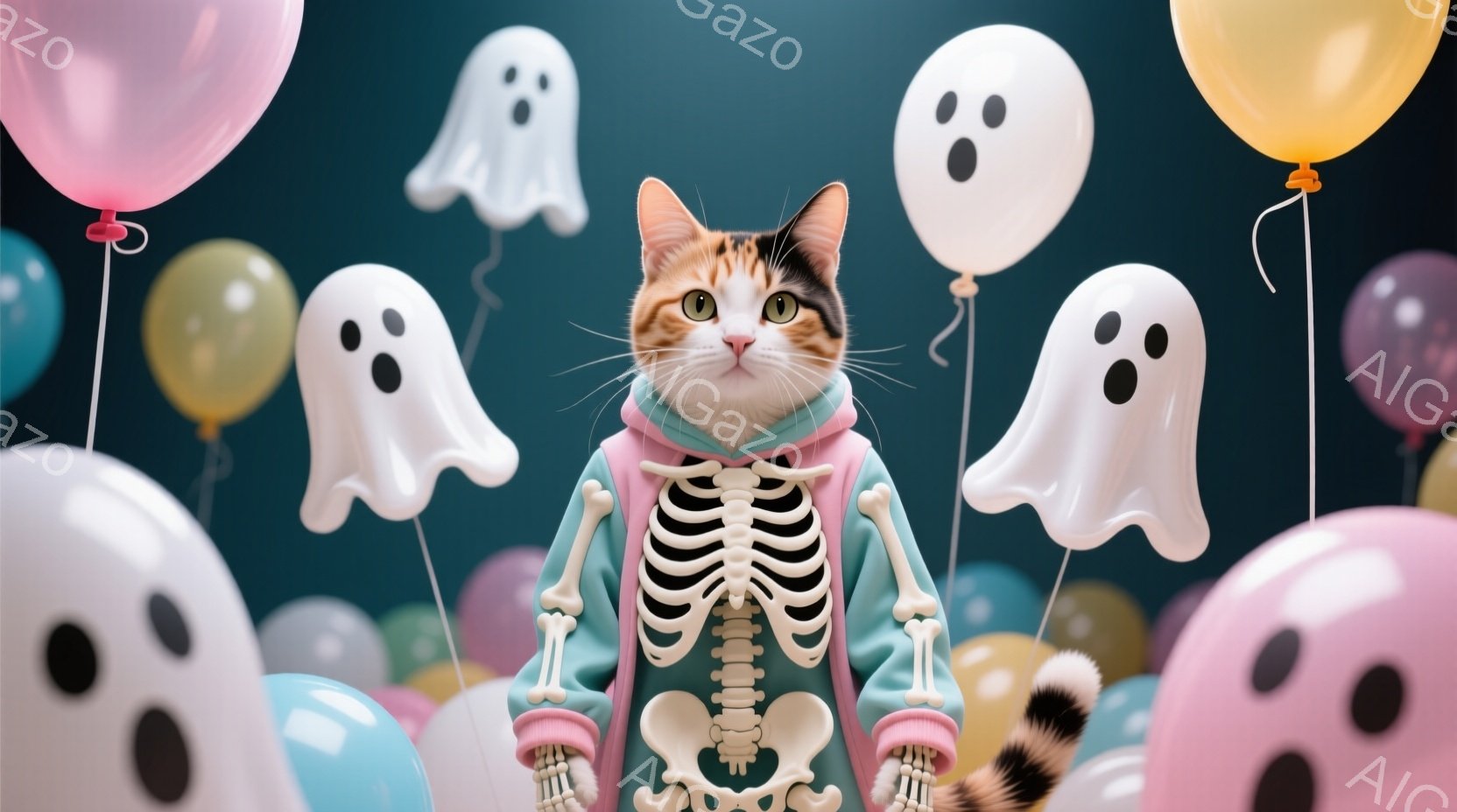 白と茶色の猫が、骸骨模様のトレーナーを着て立っています。周りには様々な色の可愛らしいお化けの風船が浮かび、ハロウィーンらしい雰囲気を作り出しています。猫は前を向き、少し驚いたような表情でこちらを見ています。