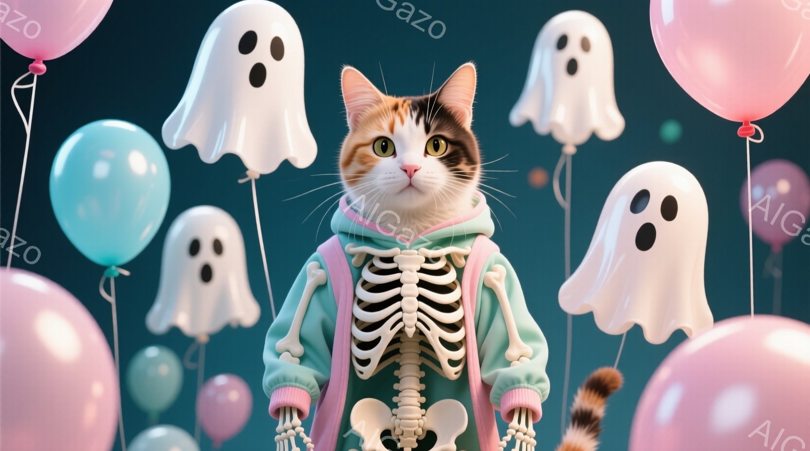 三毛猫がハロウィーンらしい骨格柄のパーカーを着ています。猫はまっすぐ前を見ており、表情は穏やかで可愛らしいです。背景には、パステルカラーの風船や幽霊の形をした飾りがあり、お祭り騒ぎのような楽しい雰囲気 - AI生成フリー素材
