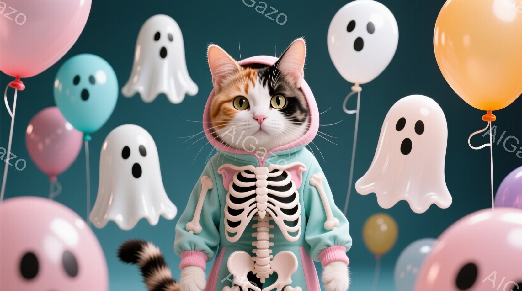 茶色と白の毛並みを持つ猫が、ハロウィーンらしい骨格柄の薄緑色のパーカーを着ています。丸いピンク、水色、黄色、白の風船と、可愛らしいお化けのバルーンが猫の周りに浮かんでいます。背景は濃い緑色で、全体的に明るく、お祝いの雰囲気です。