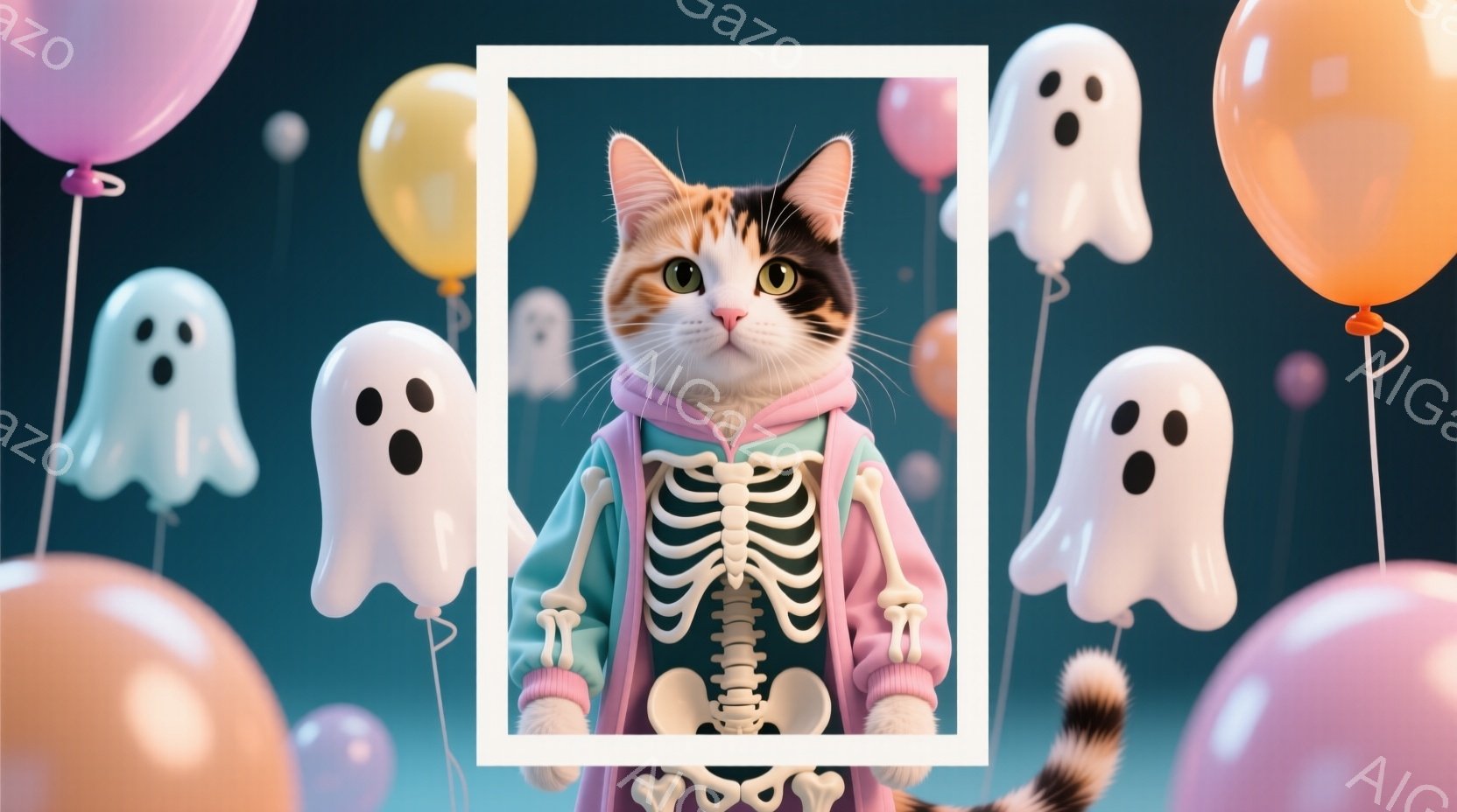 この猫はハロウィーンの衣装を着ており、骨格がプリントされたパーカーを着ています。猫は正面をまっすぐ見つめ、少しいたずらっぽい表情をしています。背景には、様々な色の風船と幽霊が浮かび、お祝いムードを演出 - AI生成フリー素材