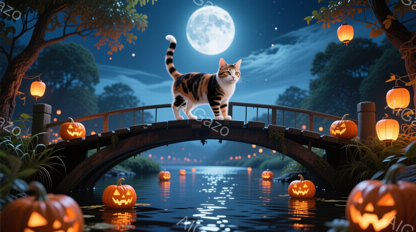 薄暗い夜の池の上に丸いアーチ型の木橋が架かっています。橋の上には、縞模様の猫が後ろ足を伸ばして堂々と立っており、周囲には様々な大きさのジャック・オ・ランタンが浮かび、ぼんやりとした光を放っています。満月の光が水面に反射し、幻想的で少し不気味な、ハロウィーンの夜の雰囲気を醸し出しています。