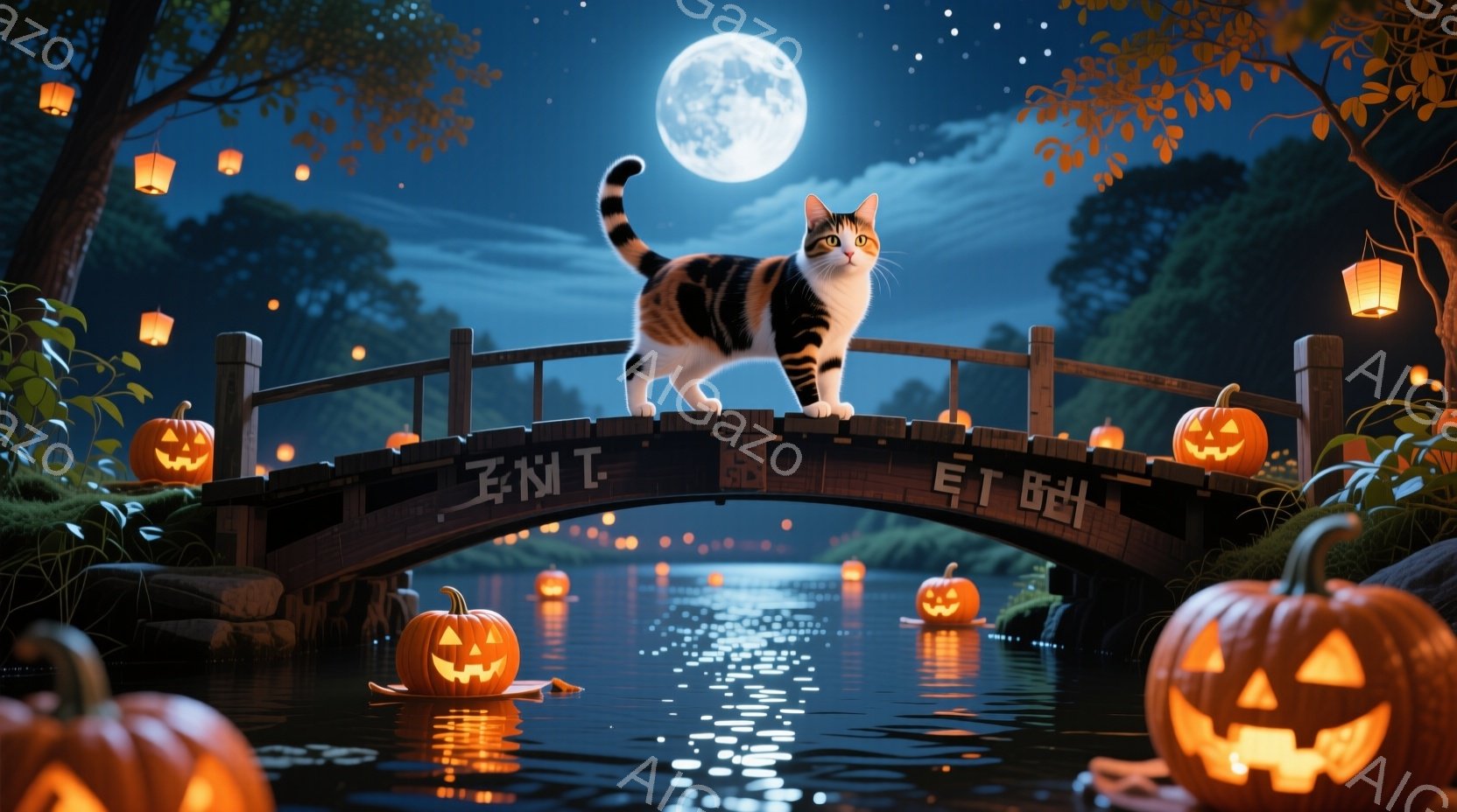 満月が輝く夜、小さな木製の橋の上に三毛猫が立っている。橋の欄干にはいくつものジャック・オー・ランタンが並び、水面には光が反射して幻想的な雰囲気を醸し出している。周囲は緑豊かな植物に囲まれ、ハロウィンの - AI生成フリー素材