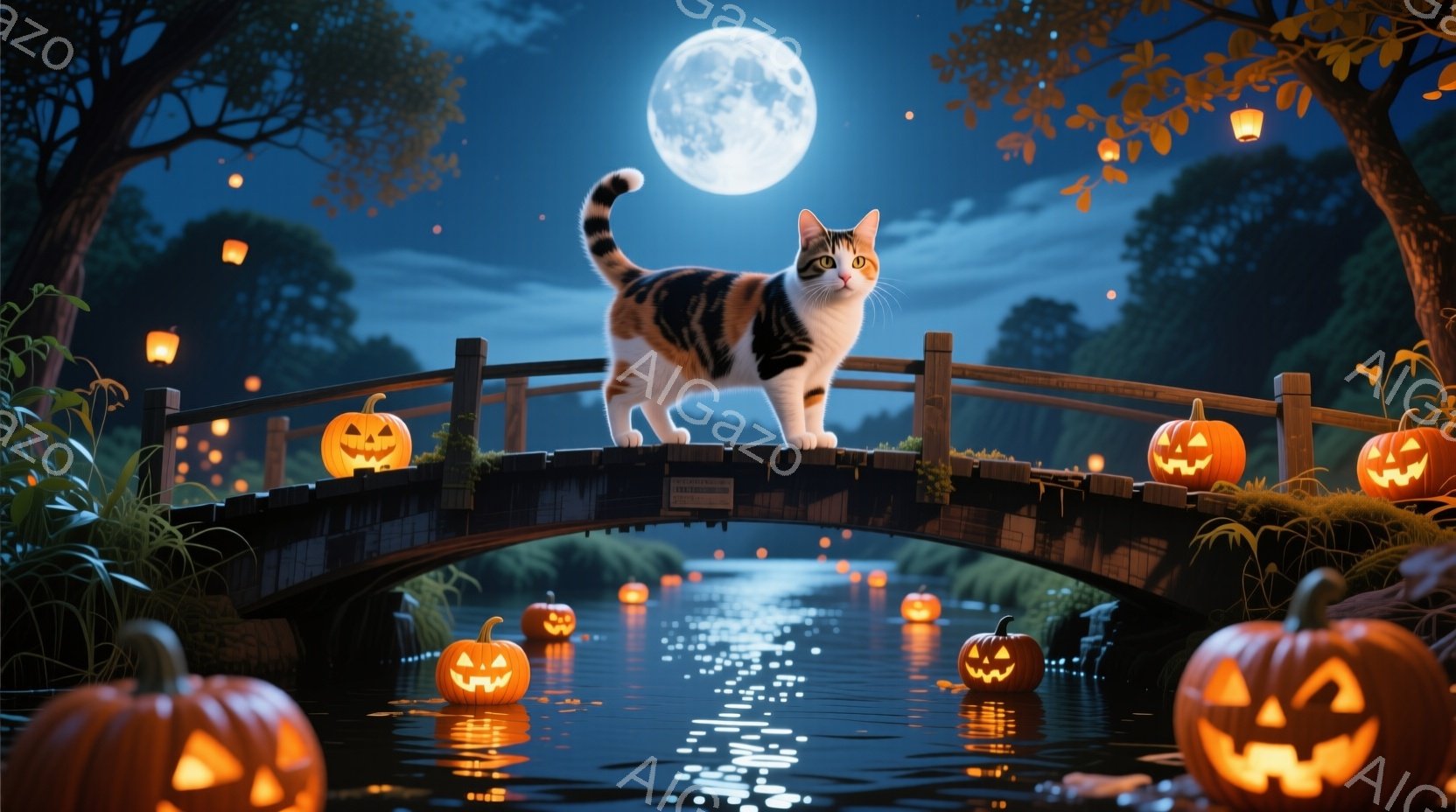 小さな橋の上に三毛猫が立っており、丸い尻尾を高く上げています。橋の下の池には、不気味に光るジャック・オ・ランタンが浮かび、背景には暗い森が広がっています。満月の光が水面に反射し、ハロウィーンの夜の幻想 - AI生成フリー素材