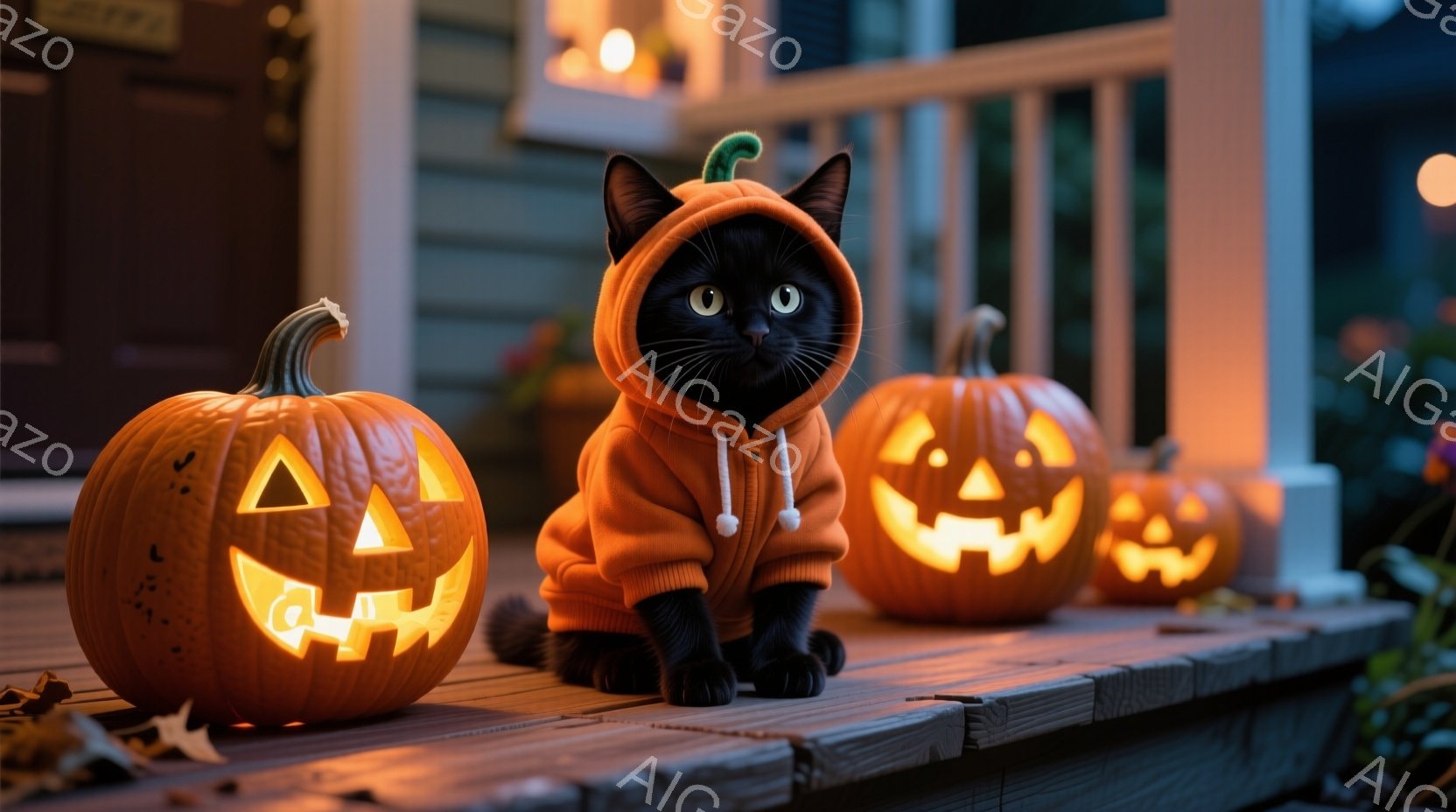 黒猫がハロウィーンのランタン柄のオレンジ色のパーカーを着て、彫刻されたジャック・オー・ランタンに囲まれて座っています。猫はまっすぐ前を見て、少し驚いたような表情をしています。背景には木製のデッキとぼや - AI生成フリー素材