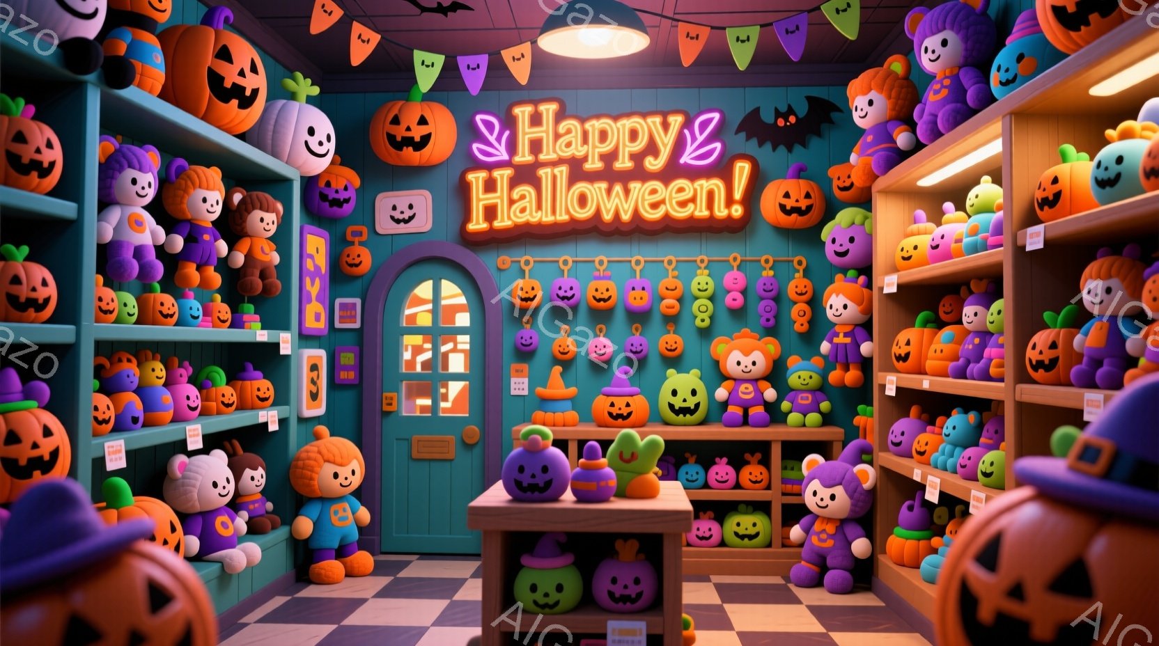 鮮やかなオレンジ、紫、緑色の可愛らしいハロウィン風のぬいぐるみで店内がいっぱいになっています。背景は緑色の壁と、ハロウィーンの装飾が施された棚で、天井にはカボチャやコウモリがぶら下がっています。全体的 - AI生成フリー素材