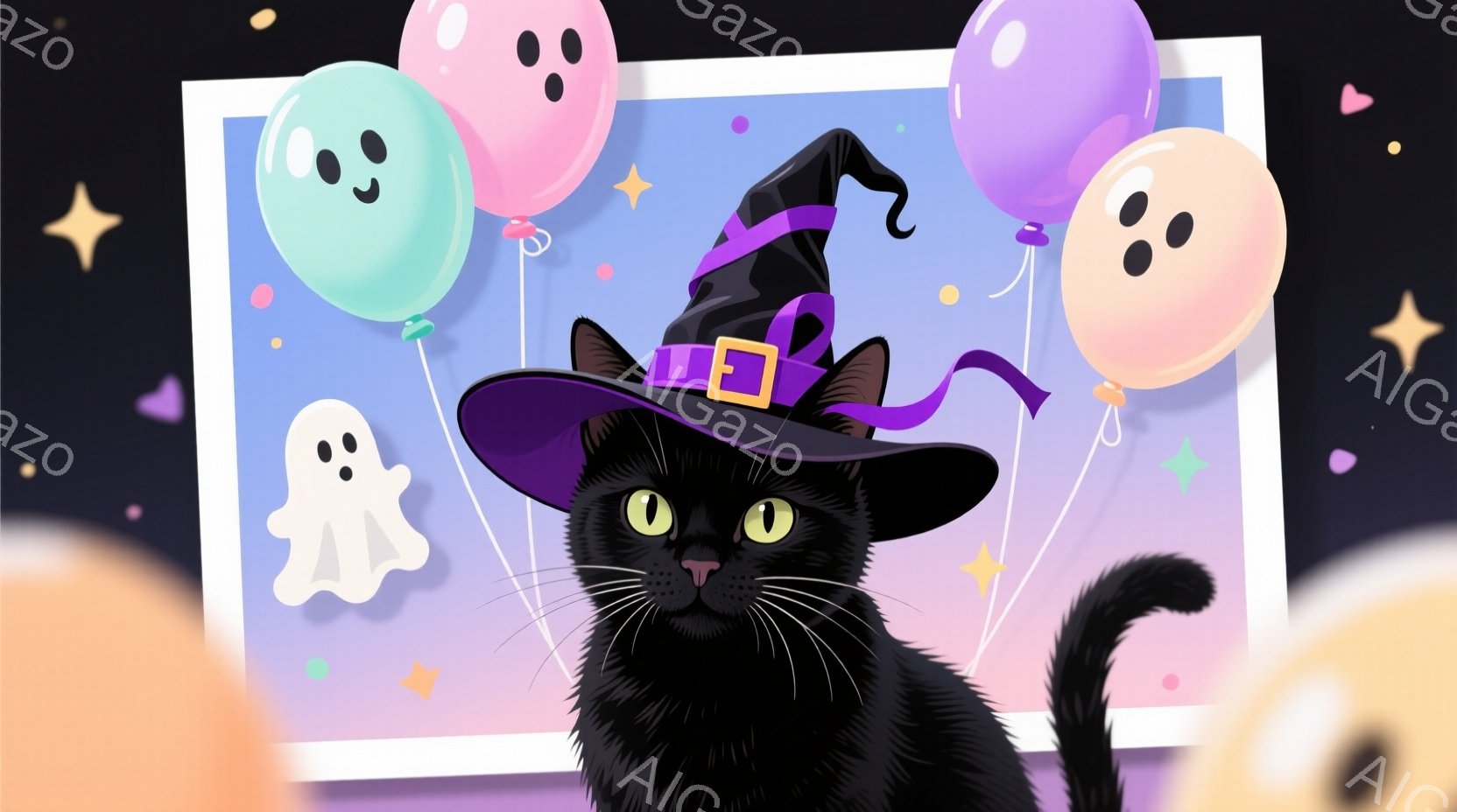 黒猫がハロウィーンの帽子を被っており、緑色の瞳が印象的です。猫は少し上目遣いで正面を見つめており、尻尾は優雅に曲線を描いています。背景には、パステルカラーの風船や幽霊のイラストが散りばめられ、ハロウィ - AI生成フリー素材