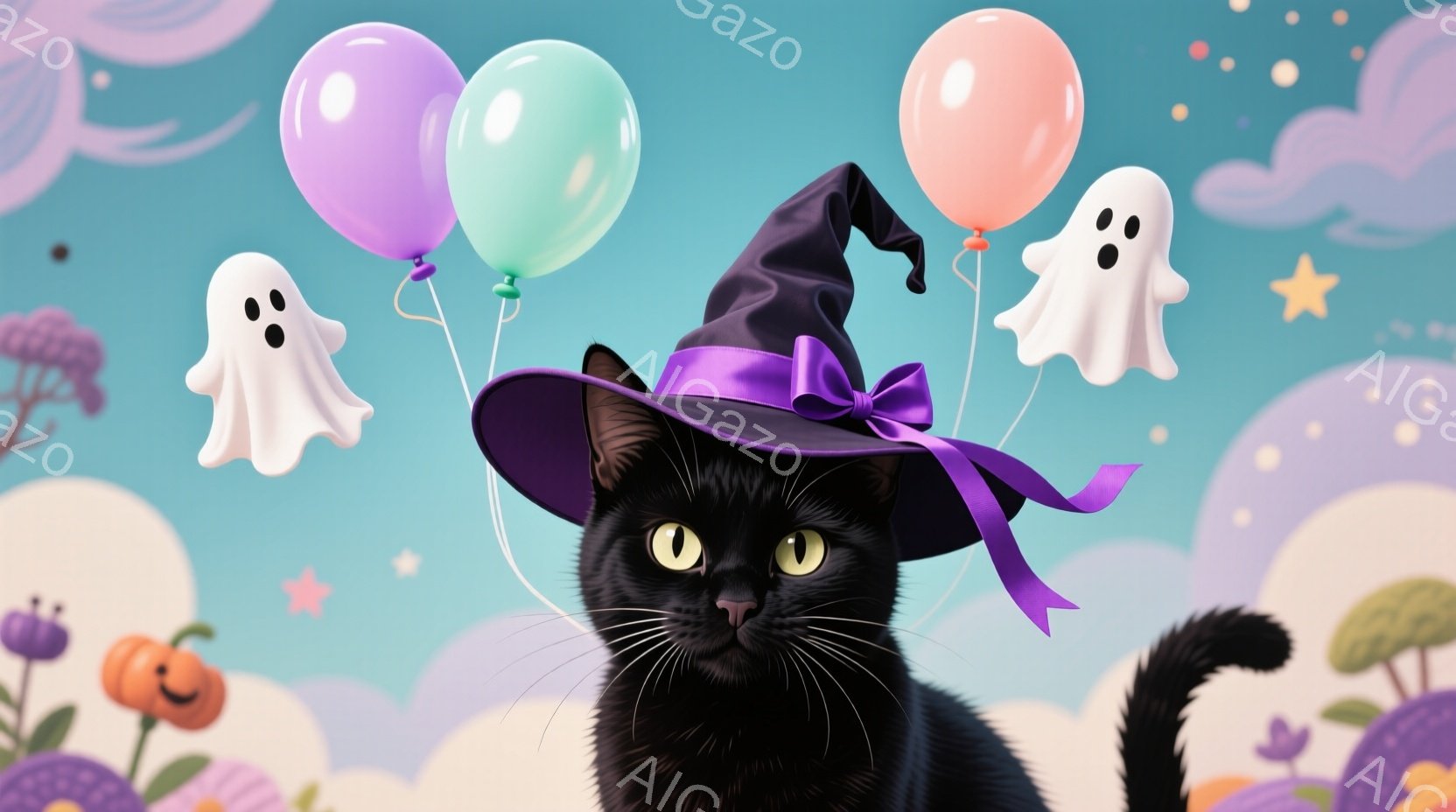 黒猫が紫色のリボン付き魔女帽子を被り、緑色の目を光らせています。背景には、パステルカラーの雲、幽霊のような形をした風船、可愛らしいきのこやカボチャが散りばめられており、ハロウィンのような楽しい雰囲気を醸し出しています。猫の姿勢は堂々としており、どこかいたずらっぽい表情をしています。