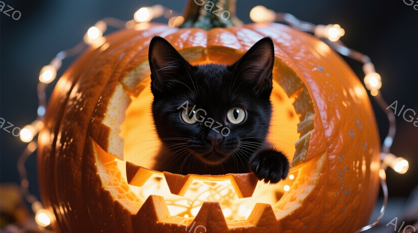 黒猫が彫刻されたハロウィーンカボチャの中から顔を出しています。猫は好奇心旺盛な表情で正面を見つめ、片方の前足をカボチャの縁にかかえています。背景にはぼんやりとした暗闇と、カボチャの周りを飾り付ける暖かい色の電飾が散りばめられており、お祝いムードを醸し出しています。