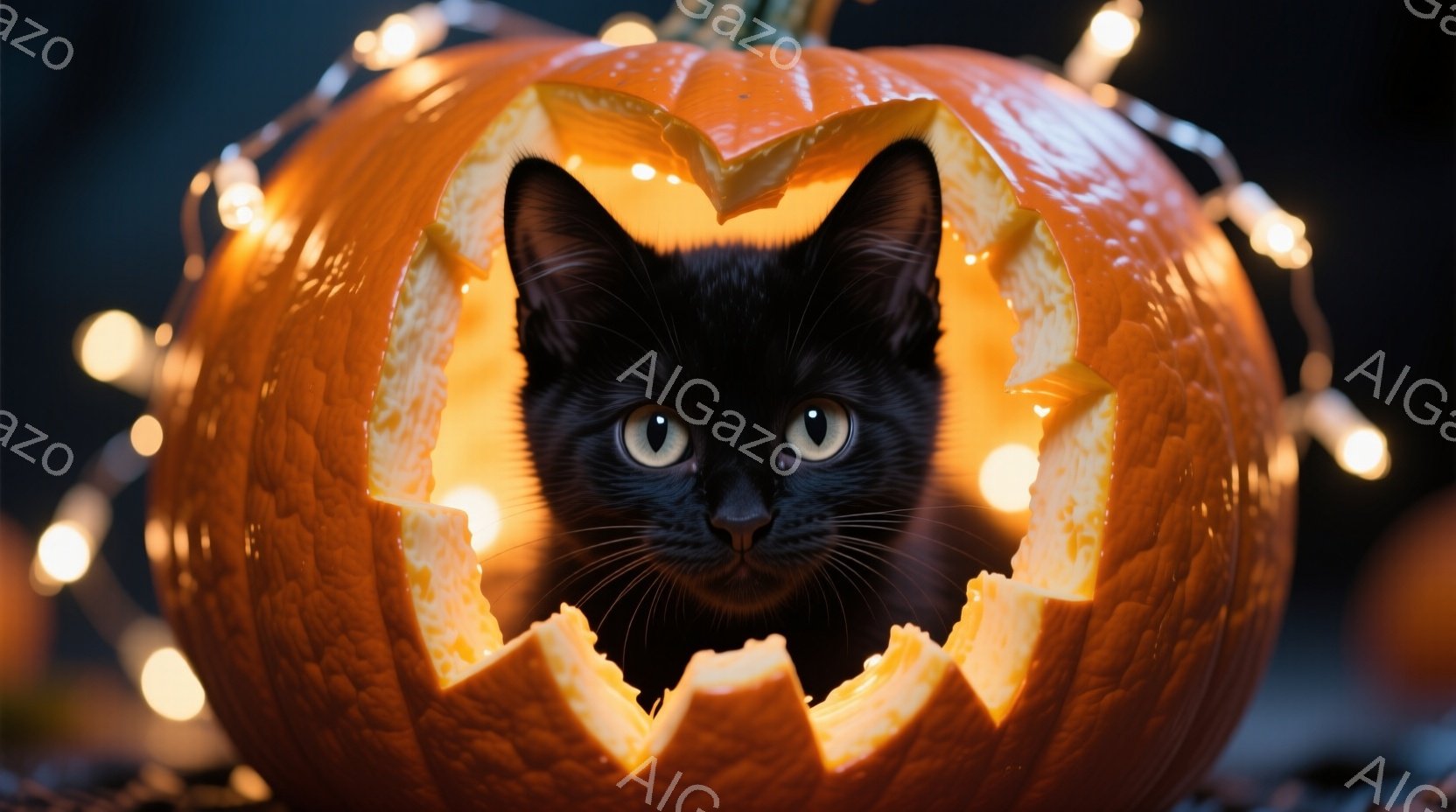 黒猫がくり抜かれたハロウィンのカボチャの中から顔を出しています。猫は正面を見ており、緑色の瞳が印象的で、少し好奇心と警戒心を抱いているような表情をしています。背景にはぼやけた光のストリングライトが見え、ハロウィーンの温かく幻想的な雰囲気を醸し出しています。
