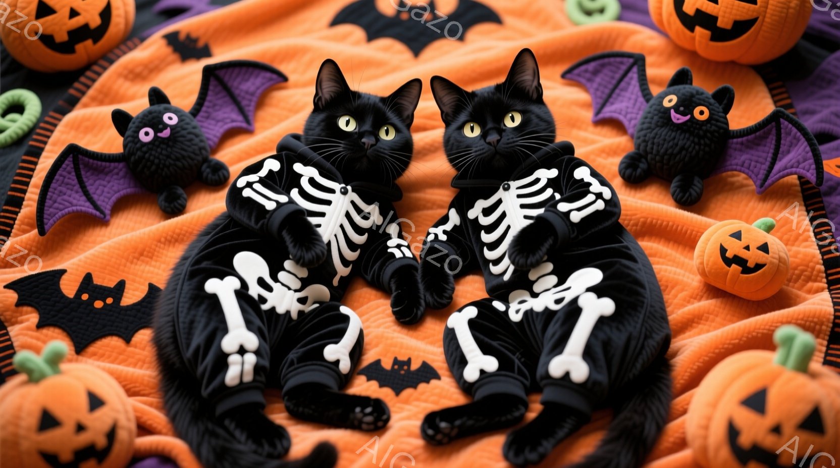 黒猫がハロウィーンの衣装を着て、オレンジ色のキルトの上に並んで座っています。衣装は骨の形をしたデザインが特徴で、猫たちはリラックスした表情で、お互いに寄り添っています。背景には、かぼちゃやお化けのぬいぐるみがあり、全体的に賑やかで楽しいハロウィーンの雰囲気を醸し出しています。