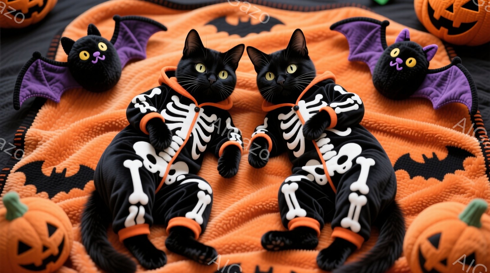黒い猫がハロウィーンの骸骨柄の衣装を着て、オレンジ色のふわふわした背景に横たわっています。猫たちはリラックスした表情で、カメラの方を見ており、衣装の骨の模様が可愛らしい印象を与えます。背景には、ハロウ - AI生成フリー素材