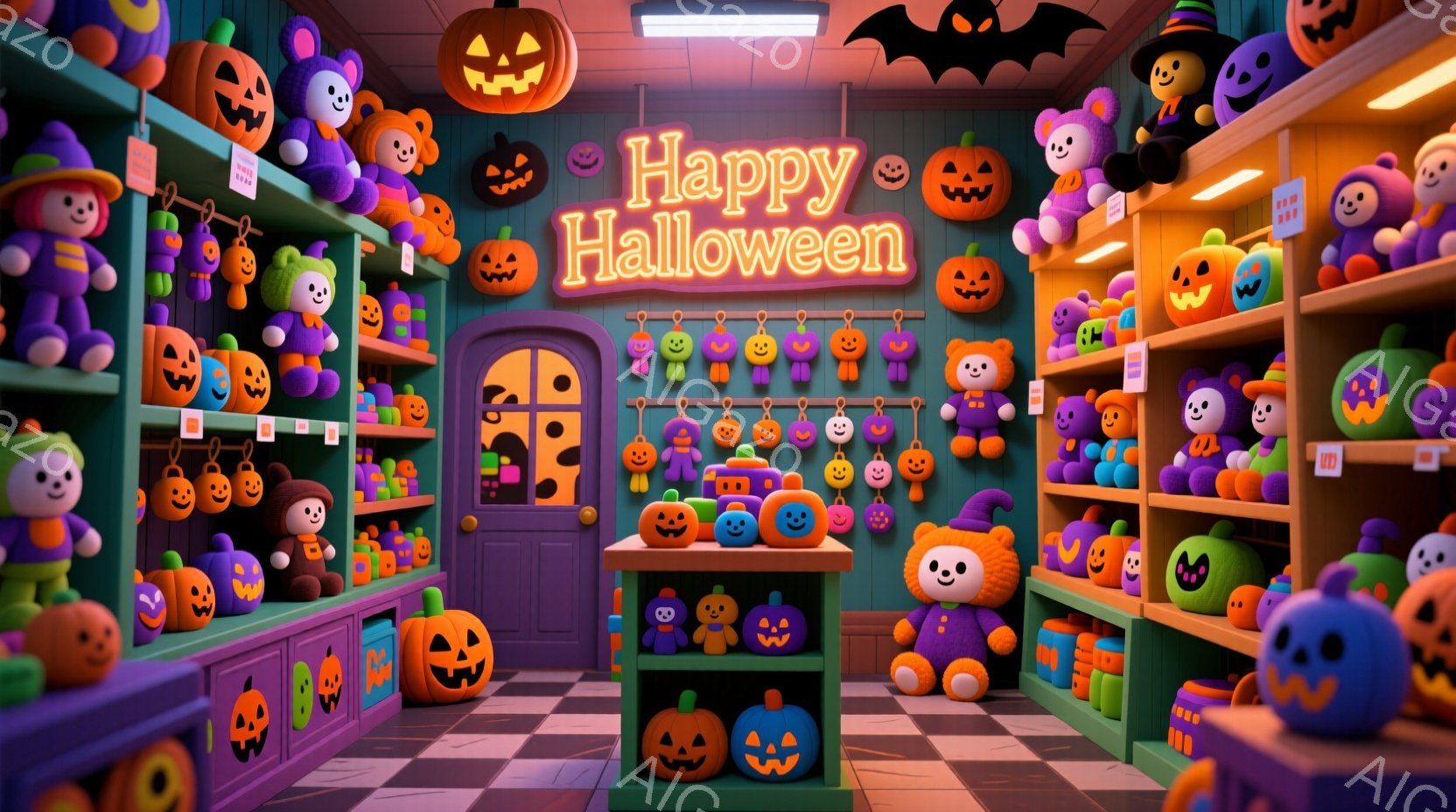 ハロウィーンをテーマにした店内の様子で、オレンジ色と紫色の可愛いカボチャの人形が所狭しと並べられています。カウンターには小さなカボチャの置物があり、壁にはコウモリの飾り、天井にはハロウィーンの装飾が施 - AI生成フリー素材