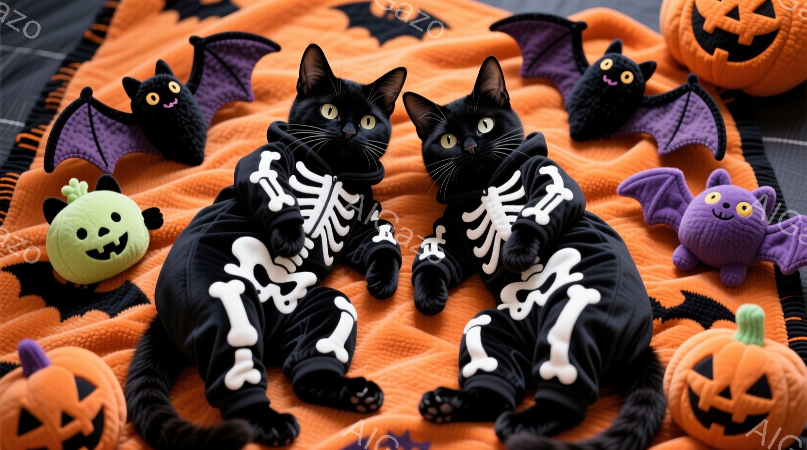 黒猫がハロウィーンの骸骨柄の衣装を着て、オレンジ色のふわふわした背景に横たわっています。猫はリラックスした表情で、背景にはカボチャの形をしたぬいぐるみやコウモリのぬいぐるみなどが散りばめられています。 - AI生成フリー素材