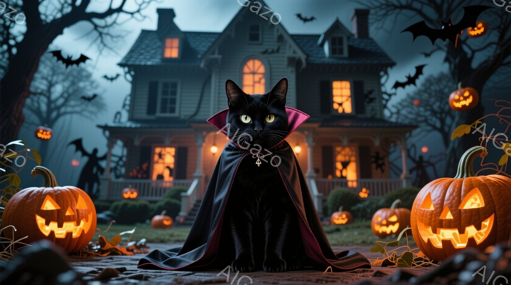 真っ黒な猫が、首に紫色のマントと銀色のブローチをつけて座っています。背景には、オレンジ色の光を放つジャック・オー・ランタンがいくつか置かれ、少し離れたところに不気味な屋敷がシルエットで見えます。全体的 - AI生成フリー素材