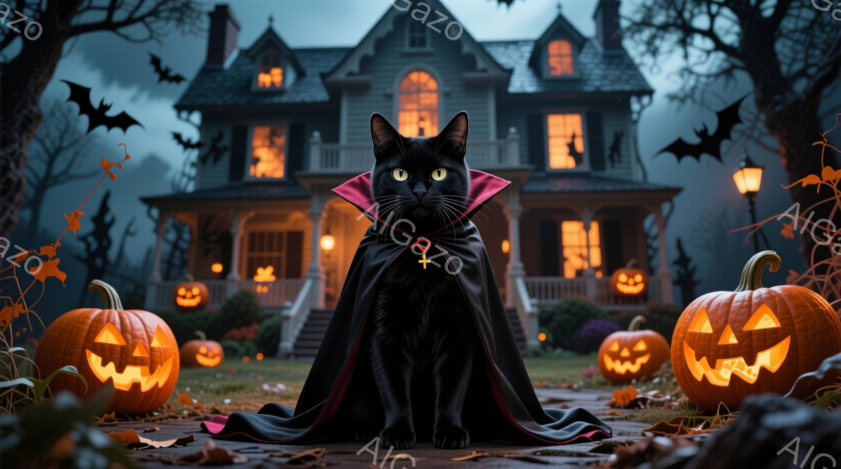 黒猫が吸血鬼風のケープと白い襟を付けて正面に座っています。背景には、ハロウィーンのランタンで飾られた不気味な屋敷があり、暗い夜空にはコウモリが舞っています。全体的に、おどろおどろしいけれど可愛らしいハロウィーンの雰囲気を醸し出しています。
