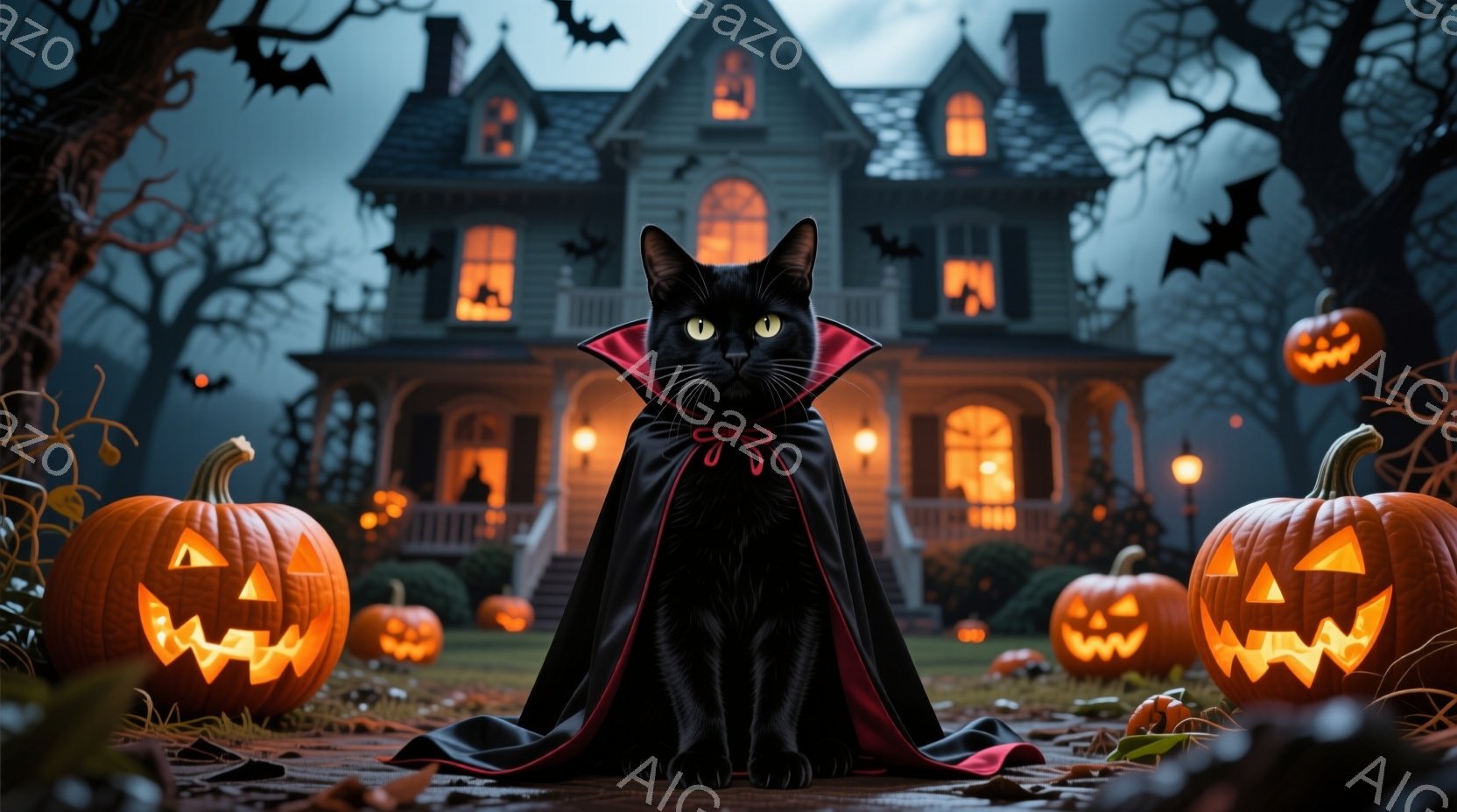 黒猫が赤い縁取りの黒いマントを羽織って座っており、鋭い眼光で正面を見据えています。背景には、ハロウィーンの装飾であるジャック・オ・ランタンが複数並び、薄暗い光を放つ古い屋敷がそびえ立っています。全体的 - AI生成フリー素材