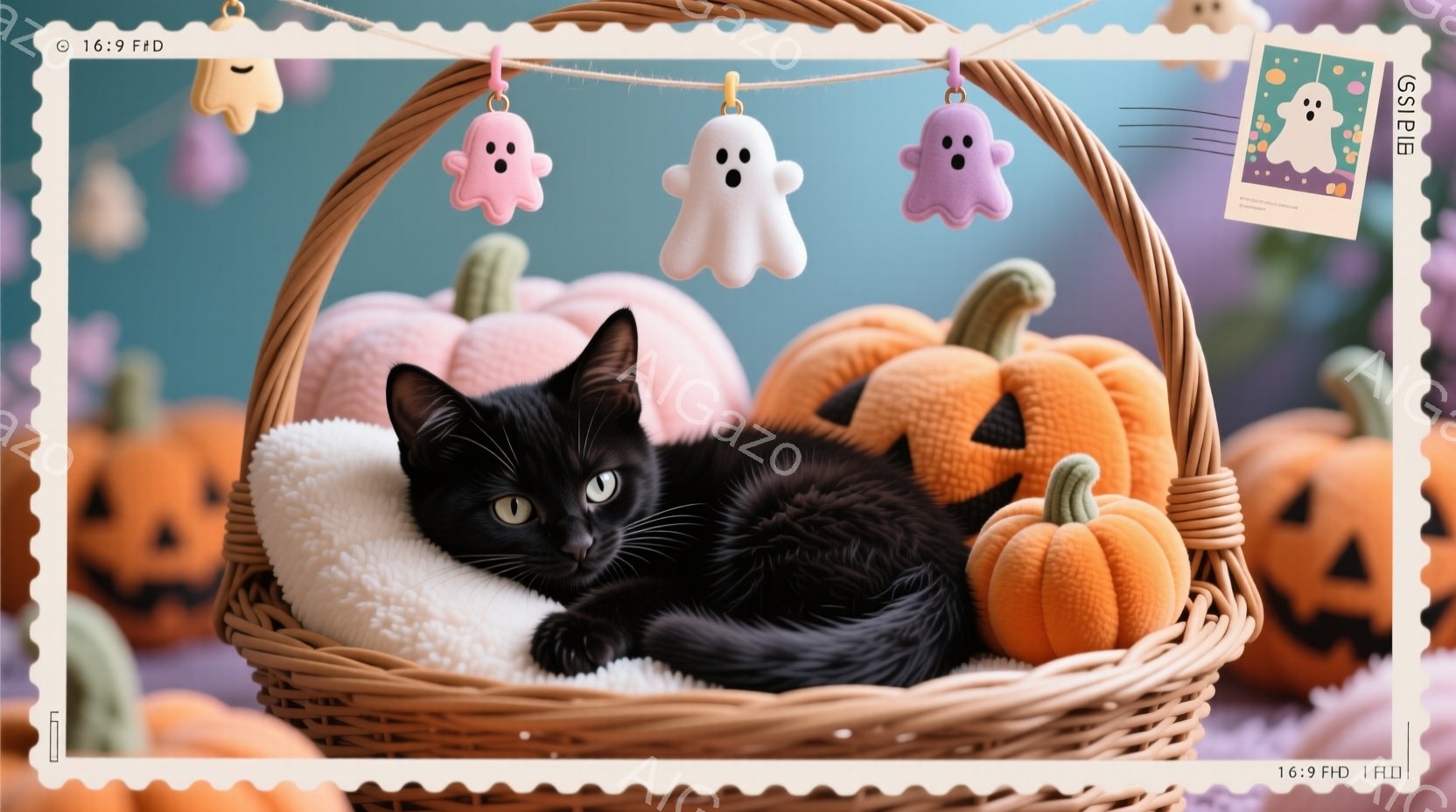 黒猫が編み込まれたバスケットの中に横たわっており、リラックスした表情をしています。背景には、ハロウィーンを連想させるカボチャと幽霊の飾り付けがぶら下がっており、全体的に温かく、お祝いの雰囲気が漂ってい - AI生成フリー素材