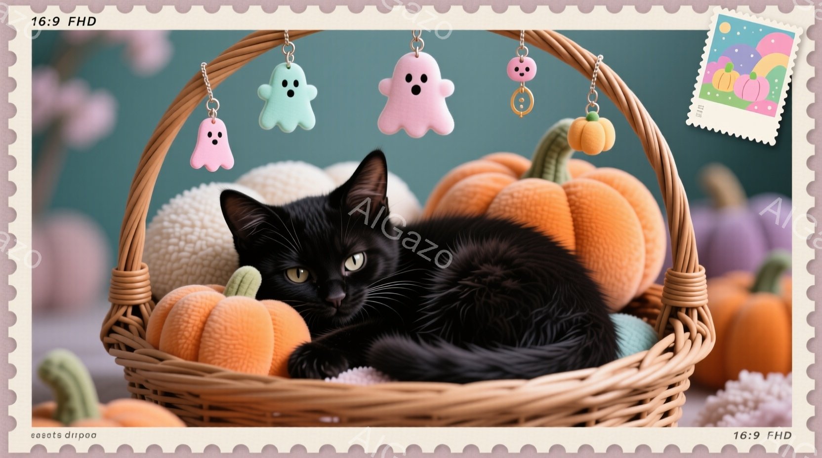 黒猫が籐のバスケットの中に横たわっており、周囲にはオレンジ色のカボチャがぎっしりと並んでいます。バスケットの上部には、ハロウィーンらしいお化けやカボチャのオーナメントが吊るされています。全体的に暖かく - AI生成フリー素材