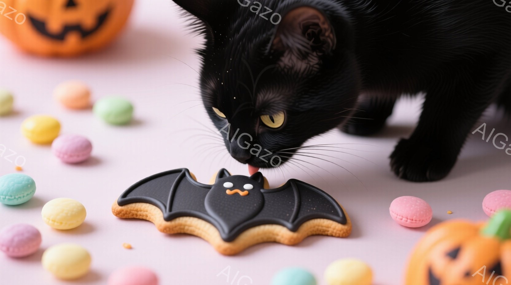 黒い猫が、バットの形をしたクッキーに鼻を近づけている写真です。背景には、カラフルなマカロンやオレンジ色のハロウィンパンプキンが散りばめられており、明るいピンク色の背景が可愛らしさを引き立てています。猫の表情は穏やかで、ハロウィンの楽しい雰囲気が伝わってきます。