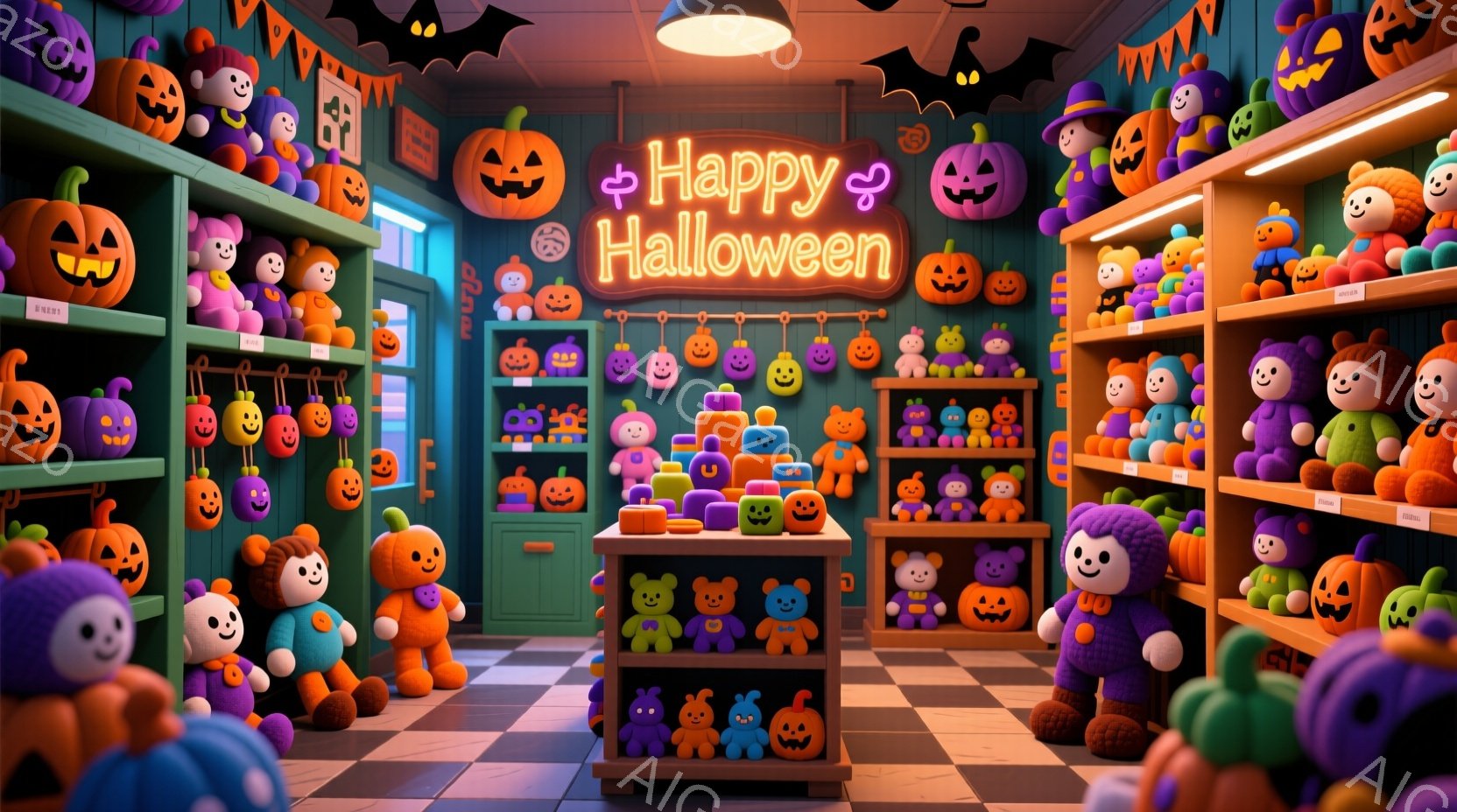 室内はハロウィーンの装飾で満たされ、オレンジ、紫、緑色の柔らかいぬいぐるみでいっぱいだ。ぬいぐるみはさまざまな表情をしており、壁や棚に飾られている。全体的に、暖かく、お祝いの雰囲気で、子供向けの可愛らしいハロウィーンショップのようである。